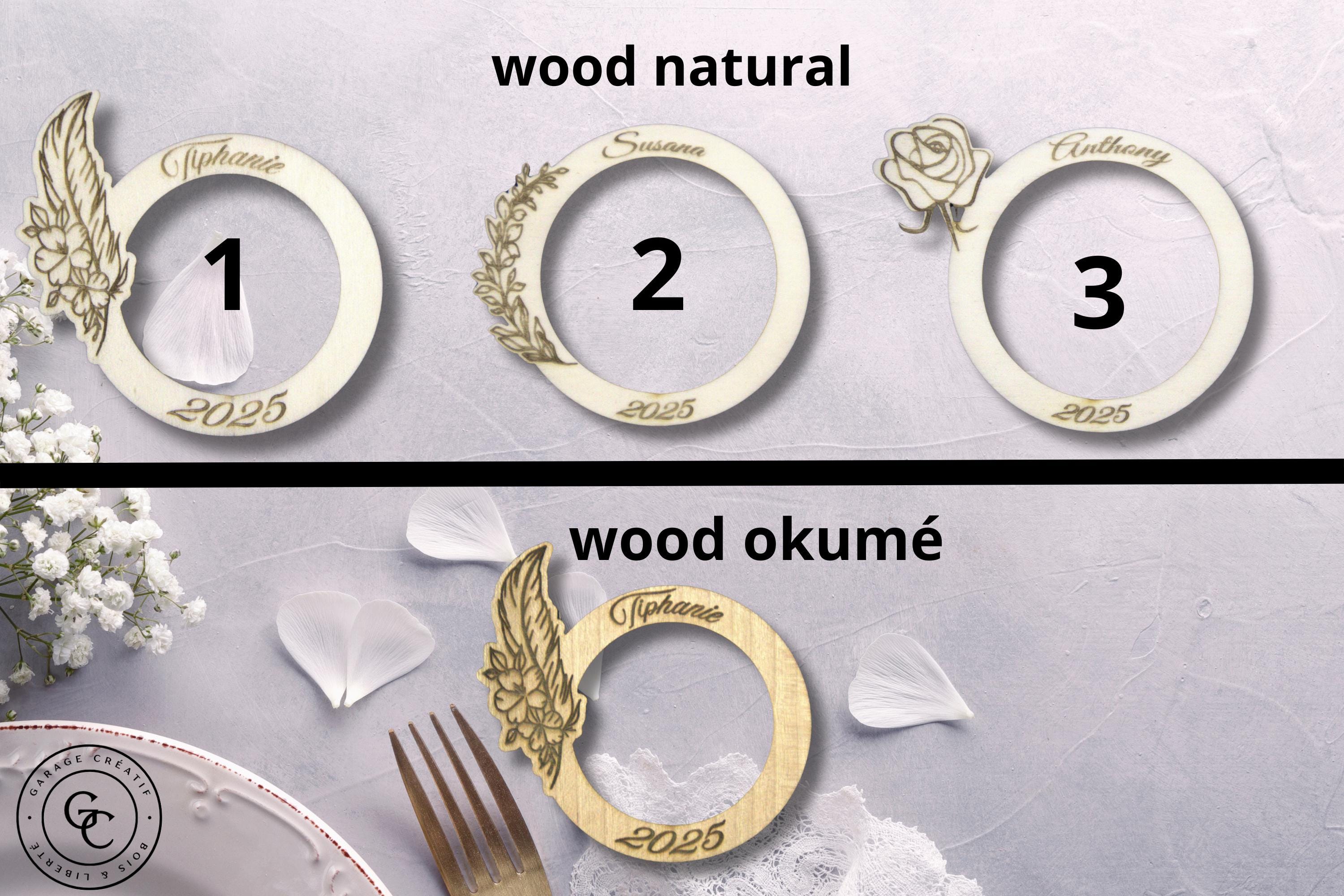 Rond de serviette en bois personnalisé idéal pour sublimer vos tables de mariage, baptême, Noël ou anniversaires.