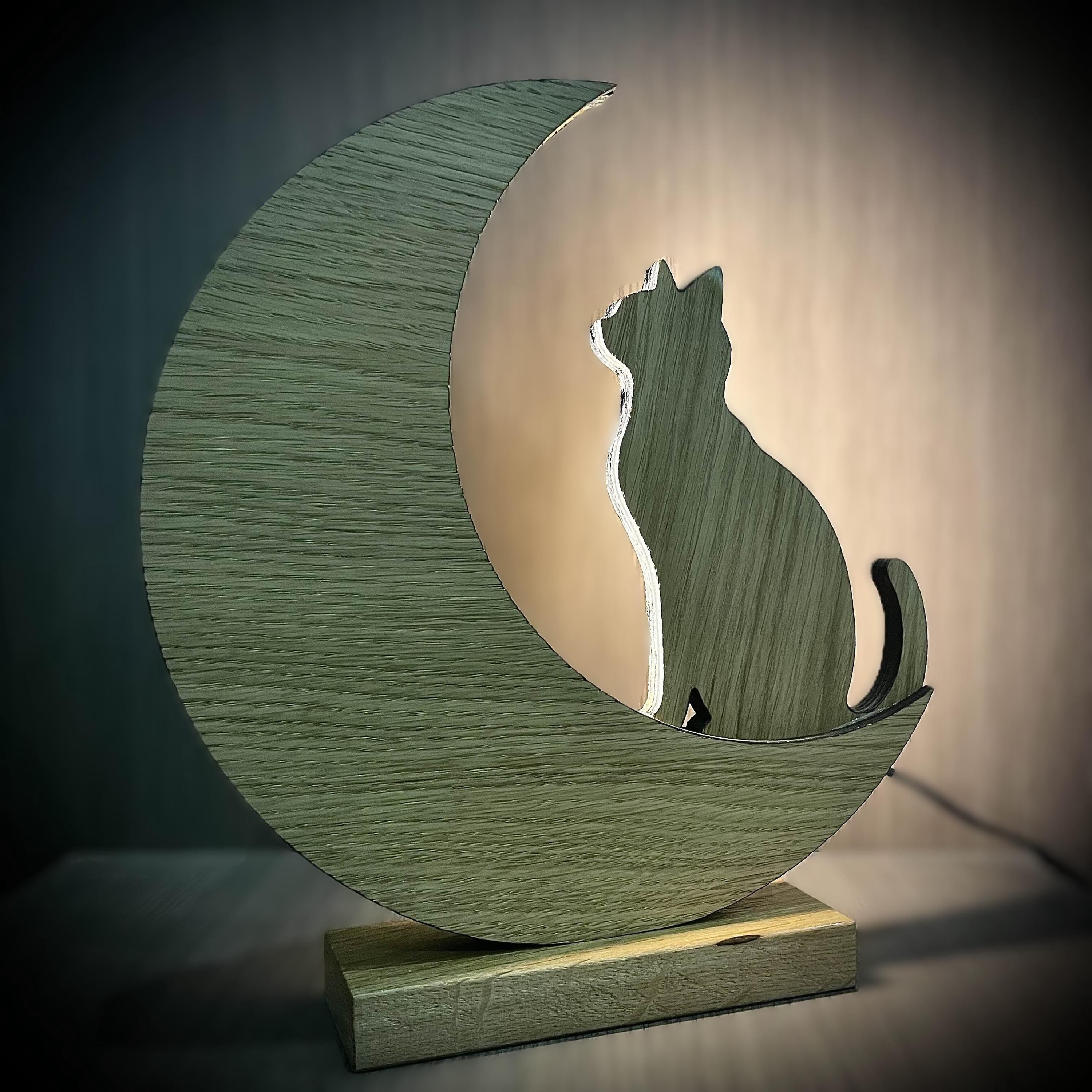 Lampe lune avec chat, LED intégrée, veilleuse bois artisanale déco chambre
