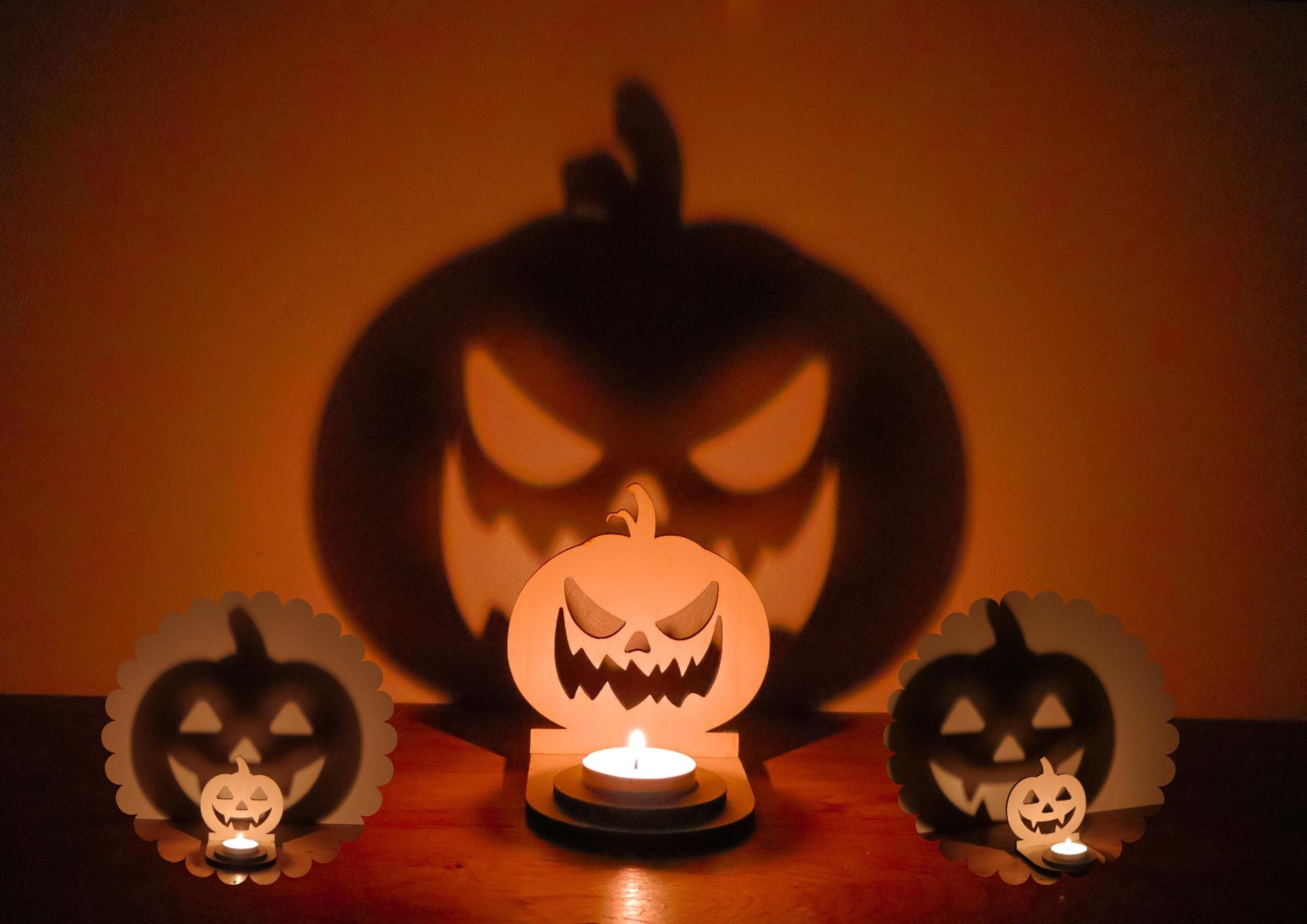 Décoration Halloween en bois Support Bougie Citrouille Ombre Magique Déco Fête & Cadeau