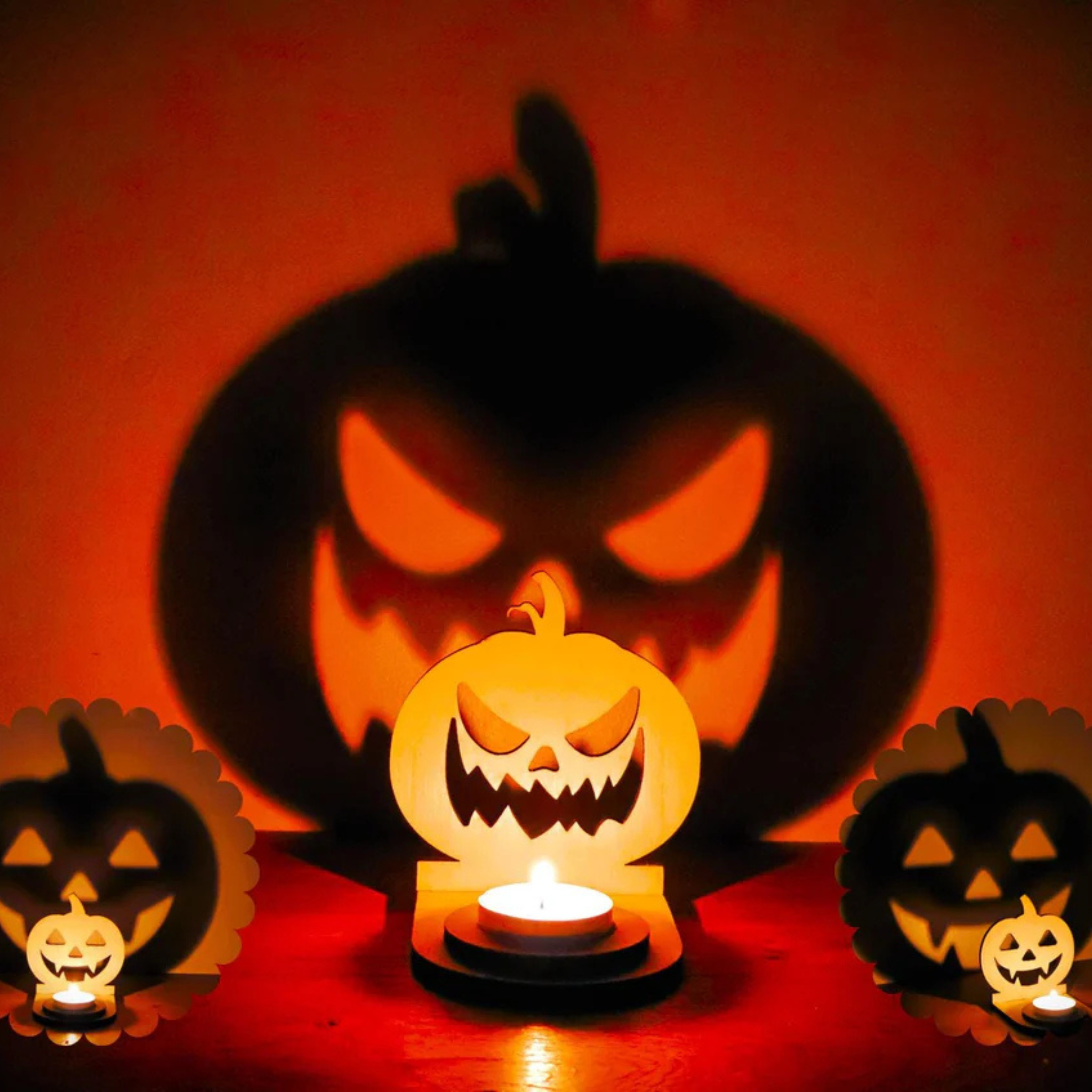 Décoration Halloween en bois Support Bougie Citrouille Ombre Magique