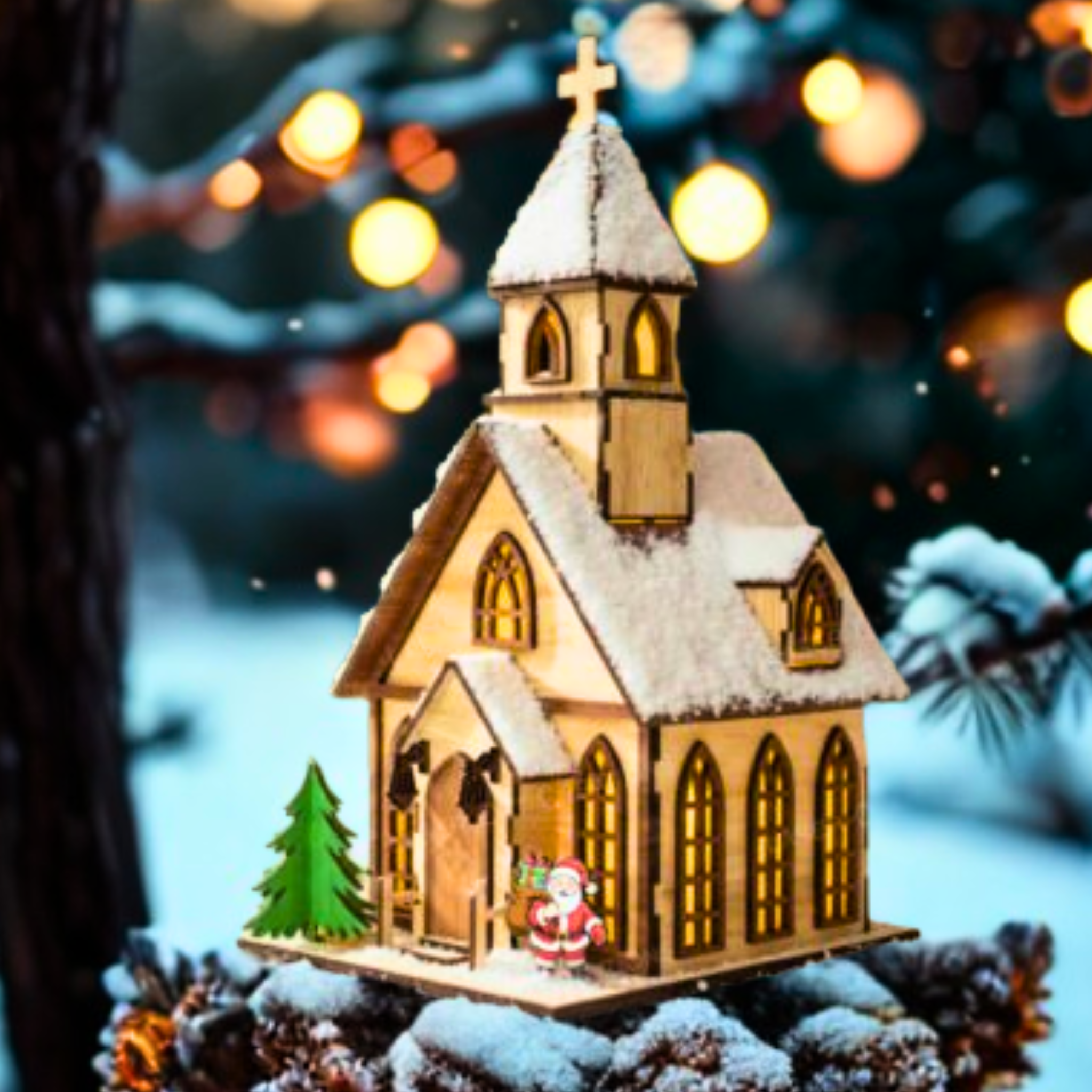 Église de Noël en bois artisanale