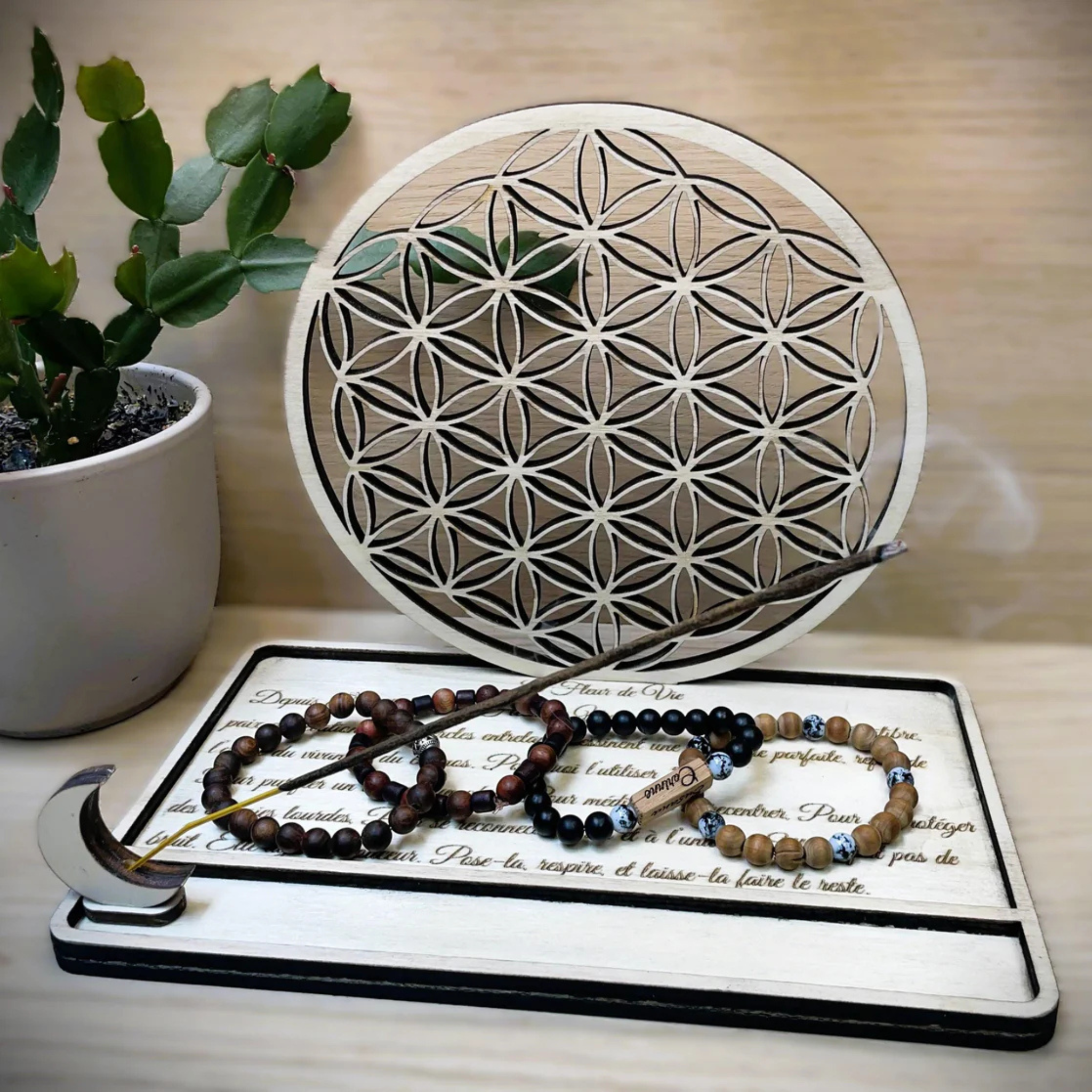 Porte encens, Fleur de Vie en bois