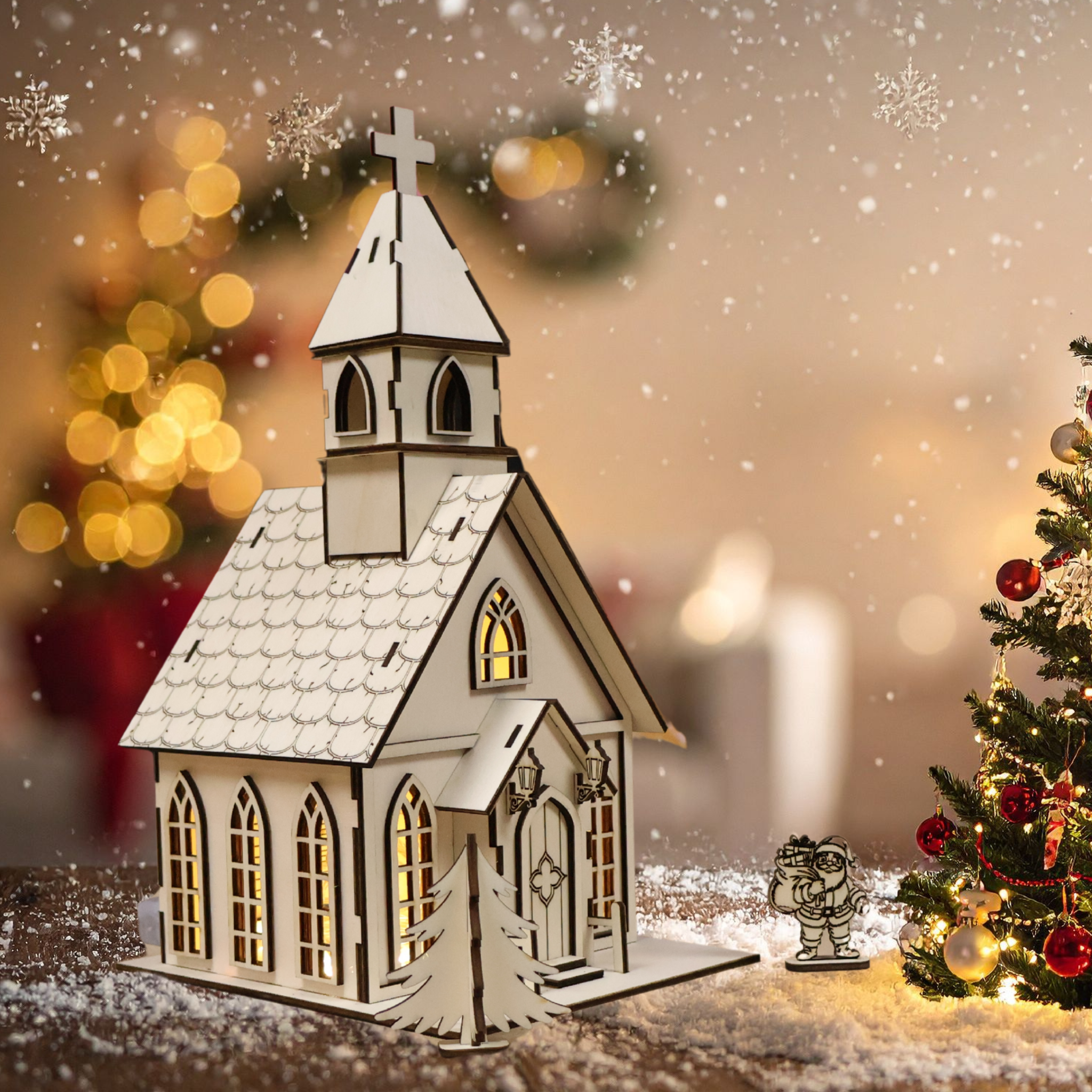 Église de Noël en bois artisanale