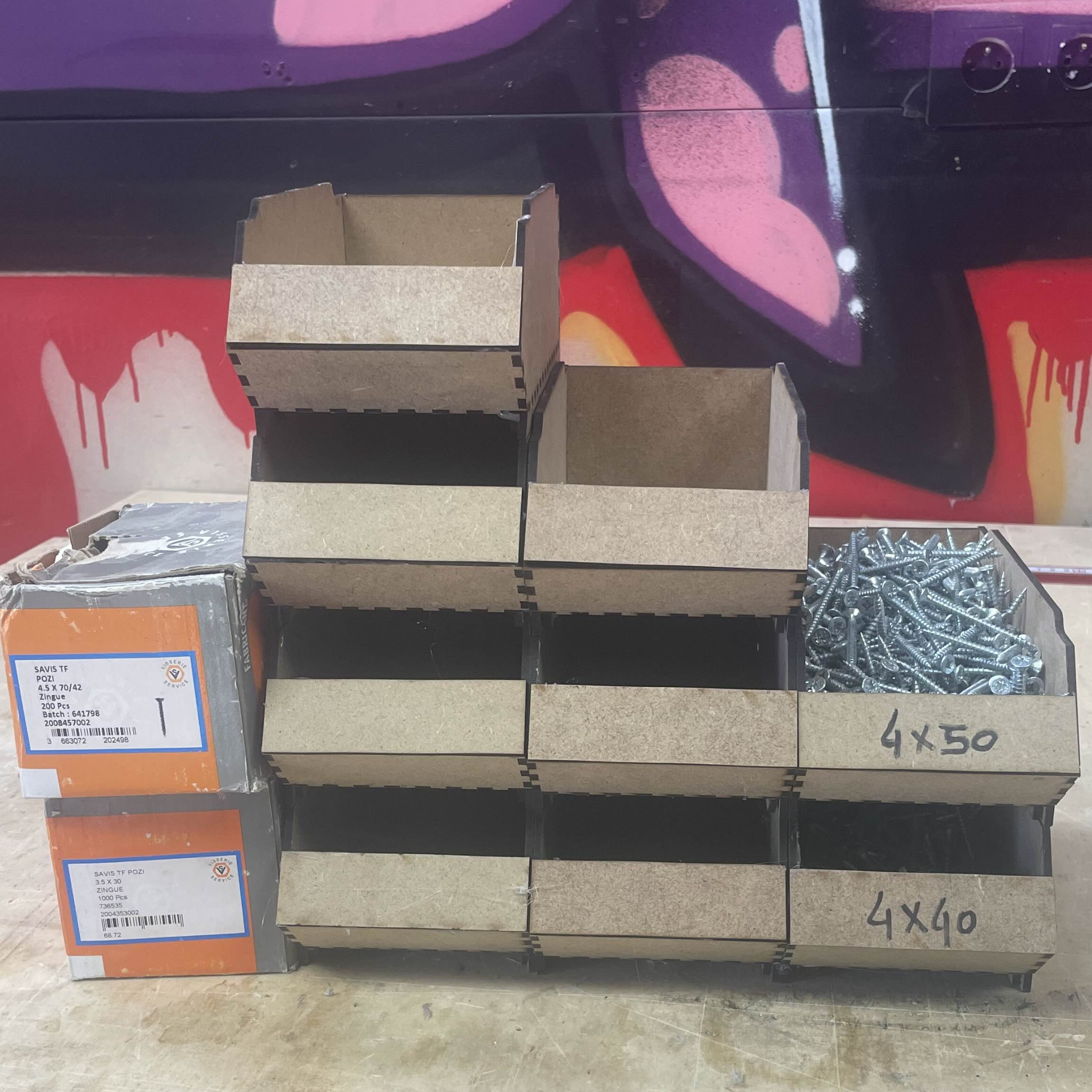 Lot de 5 Bacs à bec en bois MDF, Organisateur d'atelier empilable pour vis et quincaillerie, Découpe Laser