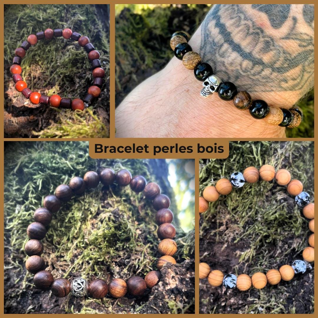Bracelet en bois perles de santal, cyprès, poire, huile de tung naturel