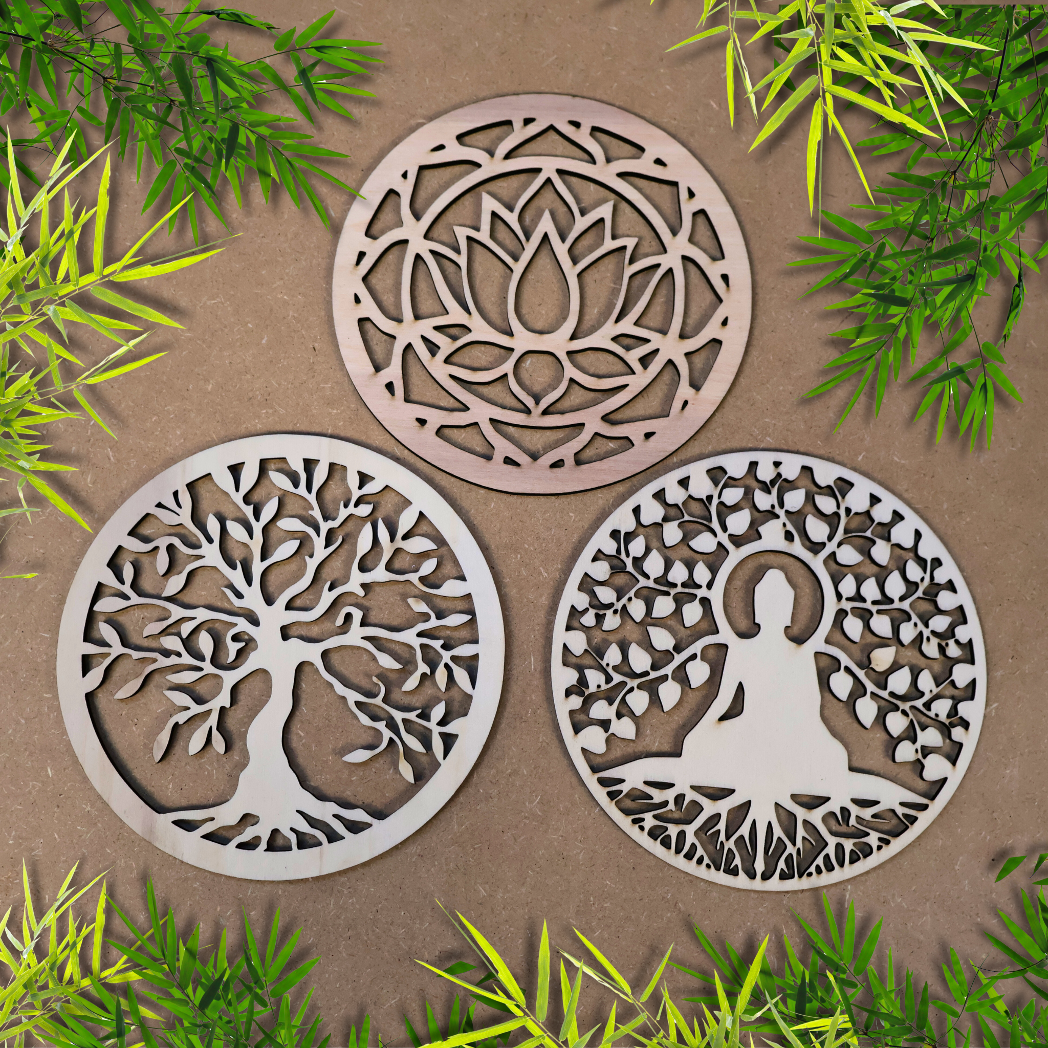 Décoration murale bois Mandala Fleur de Lotus, Bouddha, Arbre de Vie