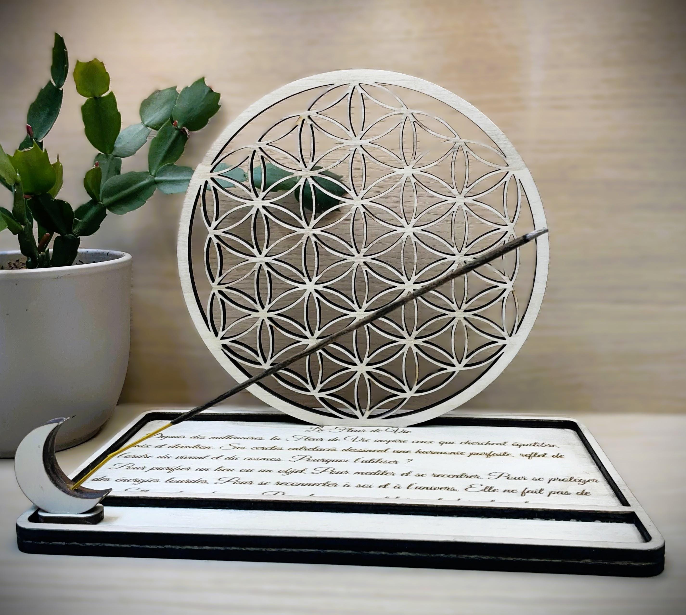 Porte encens, Fleur de Vie en bois, Support avec lune, gravure bien-être, Purification, énergie, spiritualité Fait main