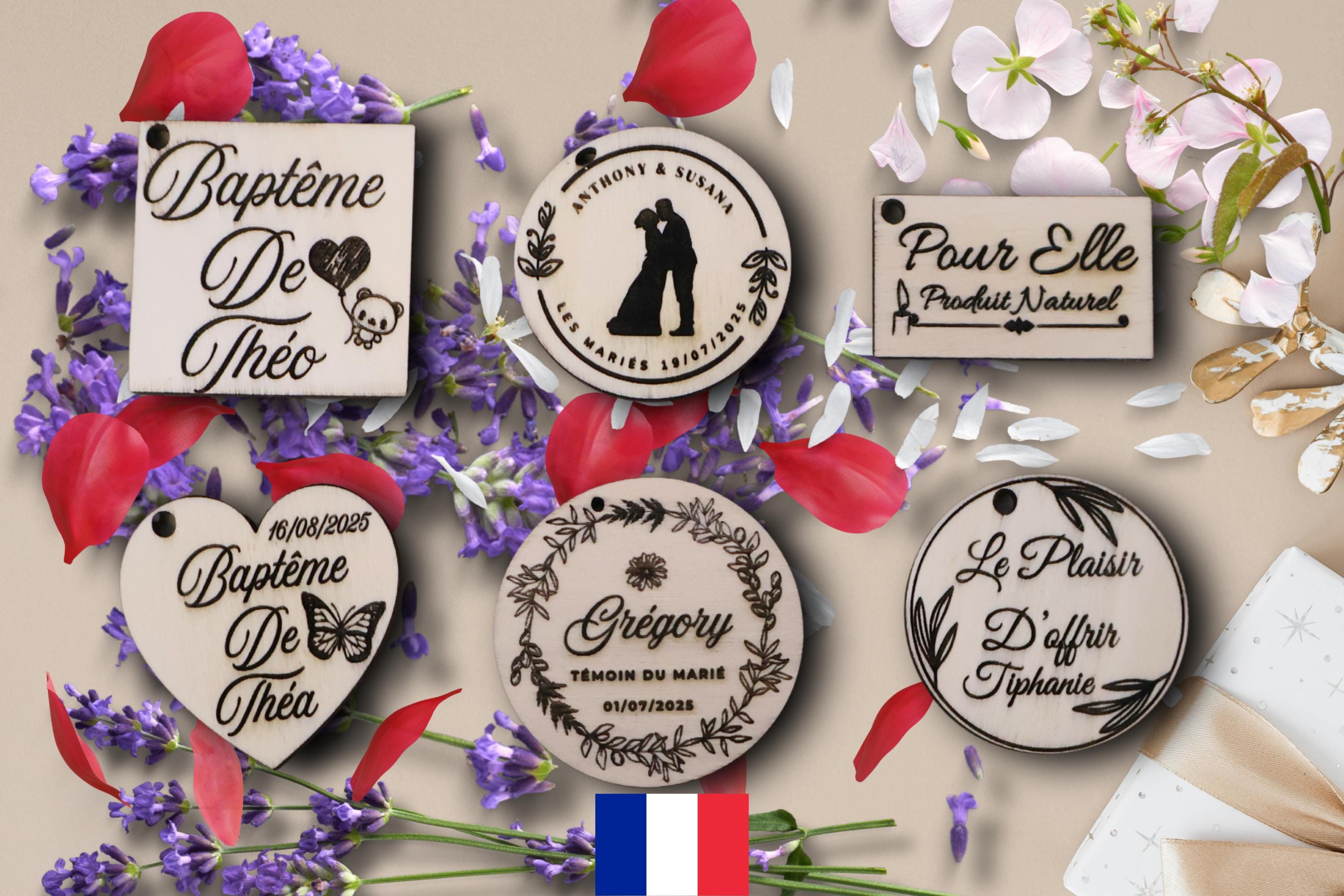 Étiquette bois personnalisée, Gravure sur contreplaqué, Baptême, mariage ou cadeau, Fait en France
