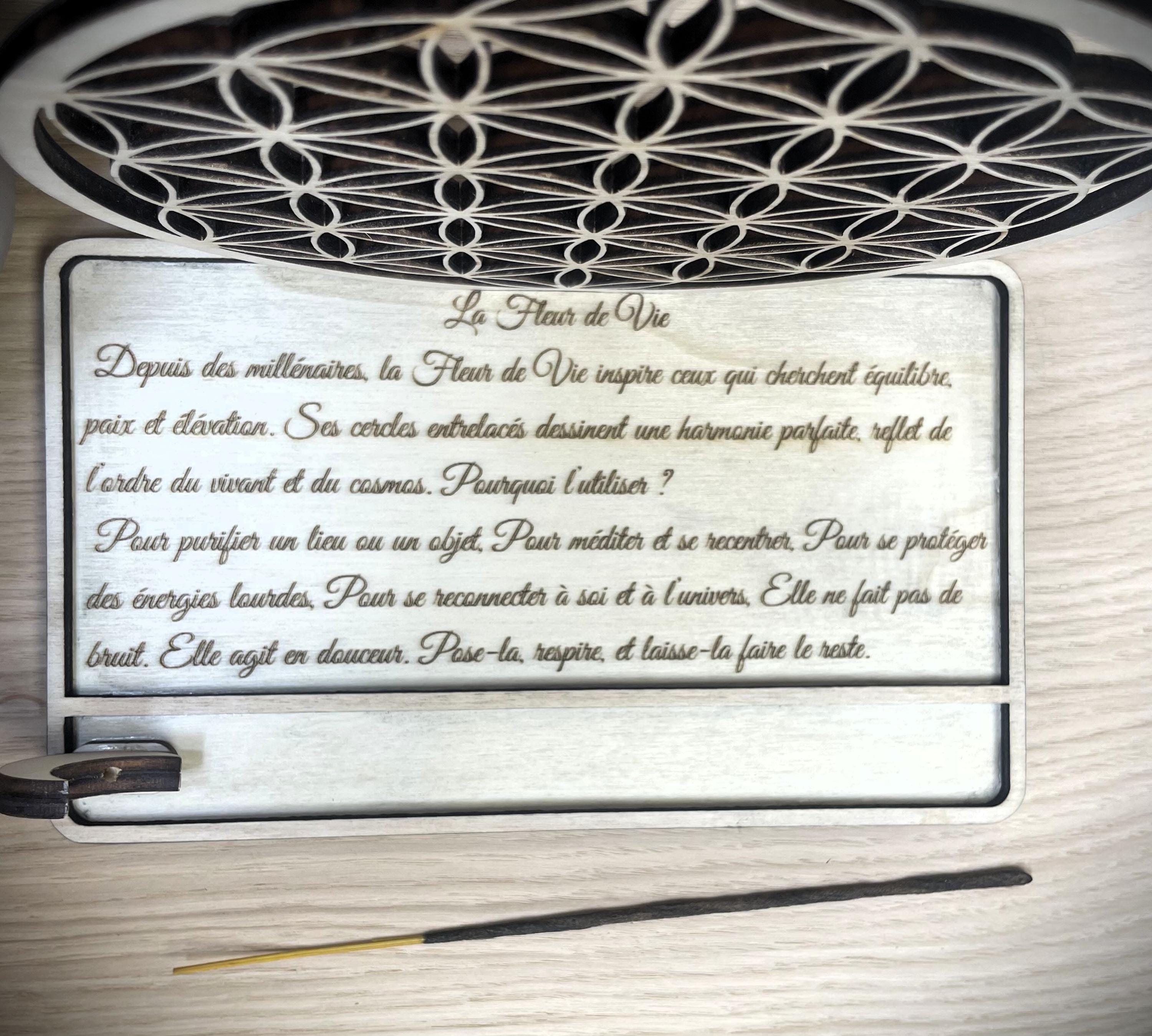 Porte encens, Fleur de Vie en bois, Support avec lune, gravure bien-être, Purification, énergie, spiritualité Fait main