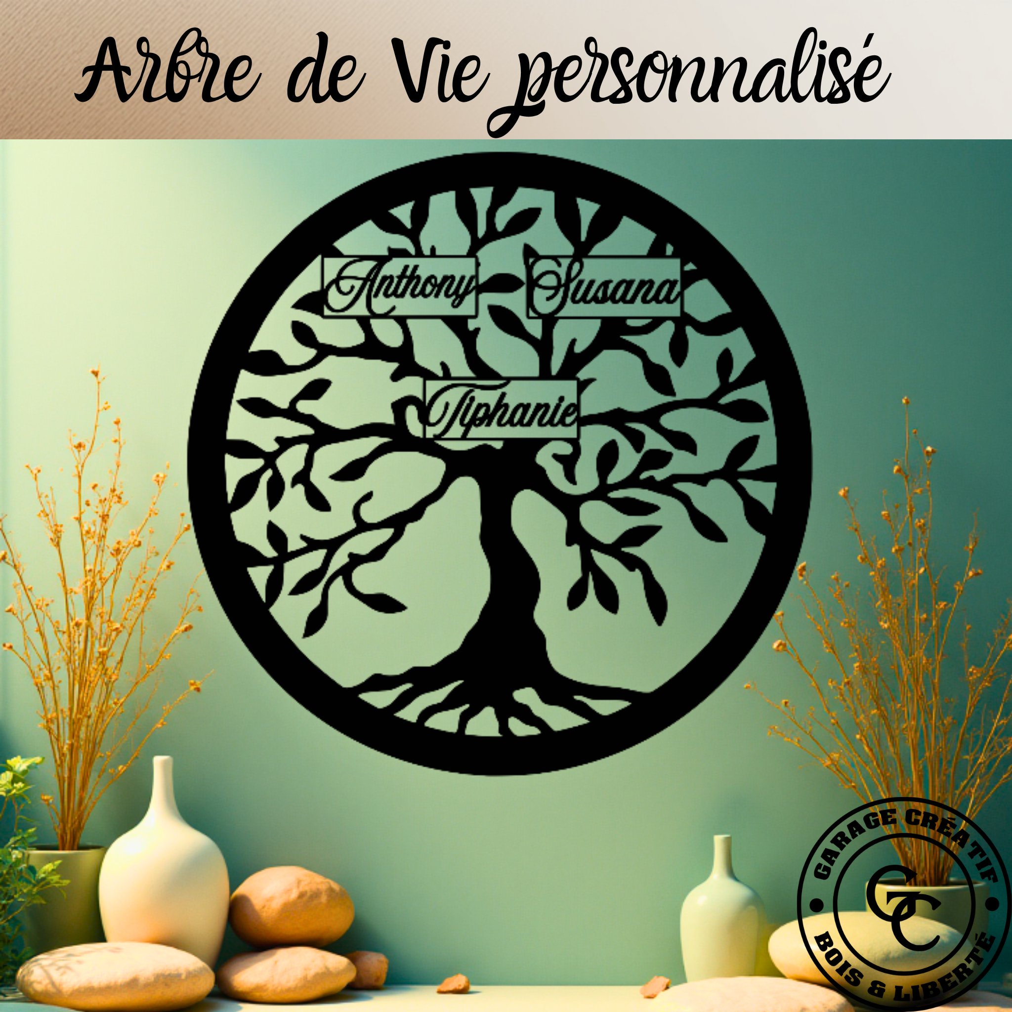 Arbre de Vie personnalisé en bois gravé avec prénoms, décoration murale artisanale
