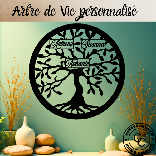 Arbre de Vie personnalisé en bois gravé avec prénoms, décoration murale artisanale
