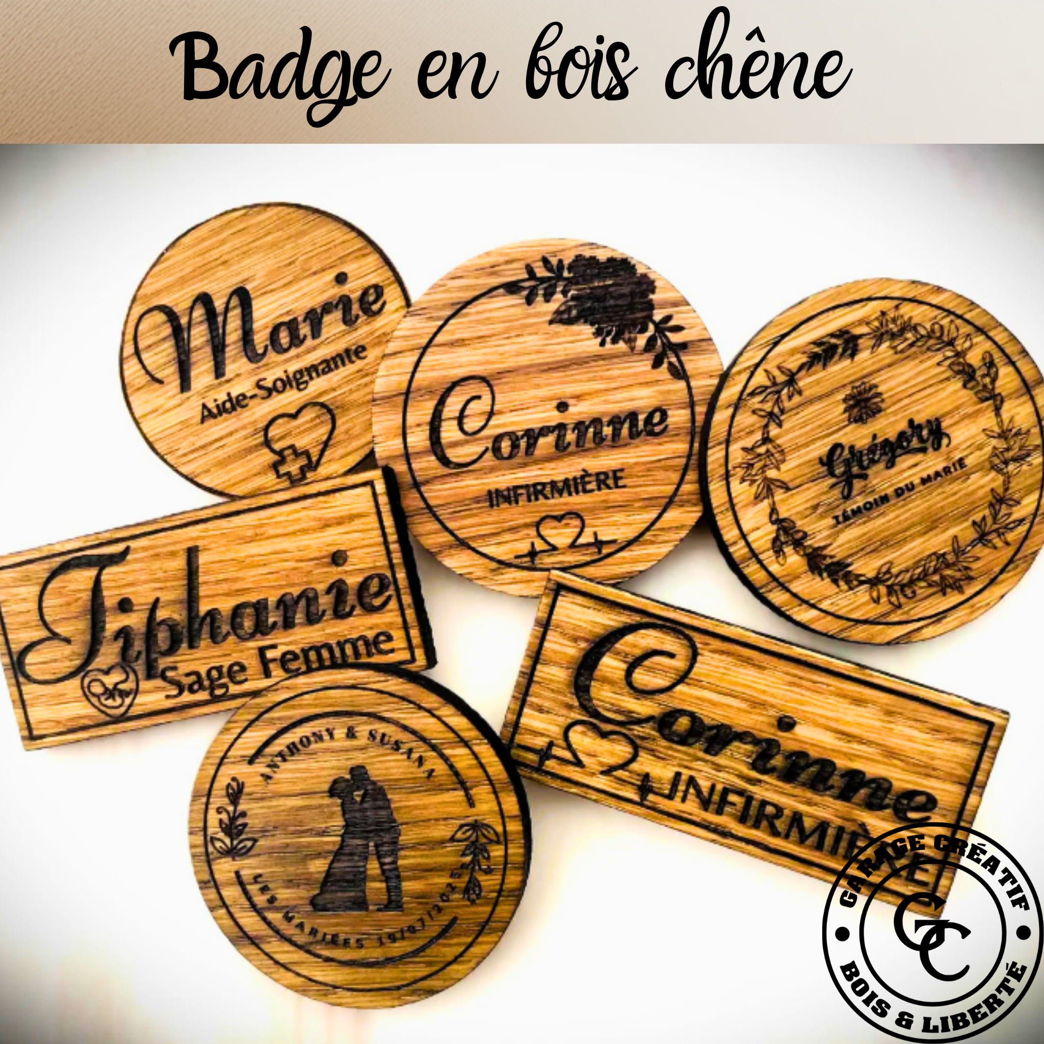 Badge fabriqué en bois durable et respectueux de l'environnement.