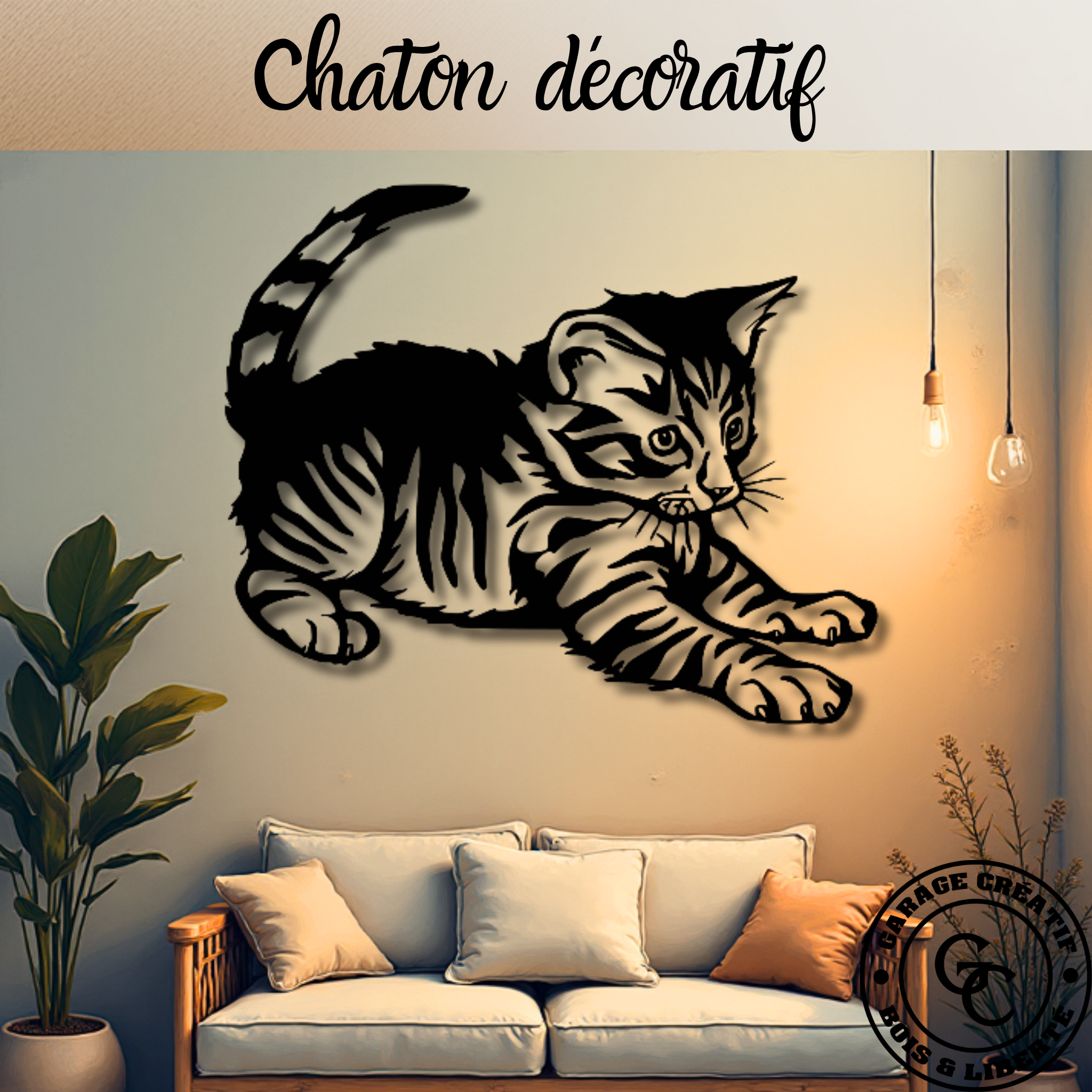 Chaton décoratif en bois peint noir - silhouette minimaliste découpée au laser