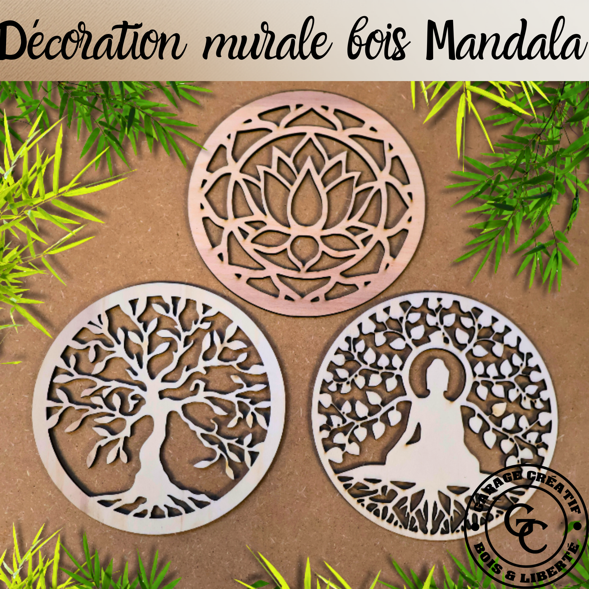 Décoration murale bois Mandala 41cm design géométrique artisanal
