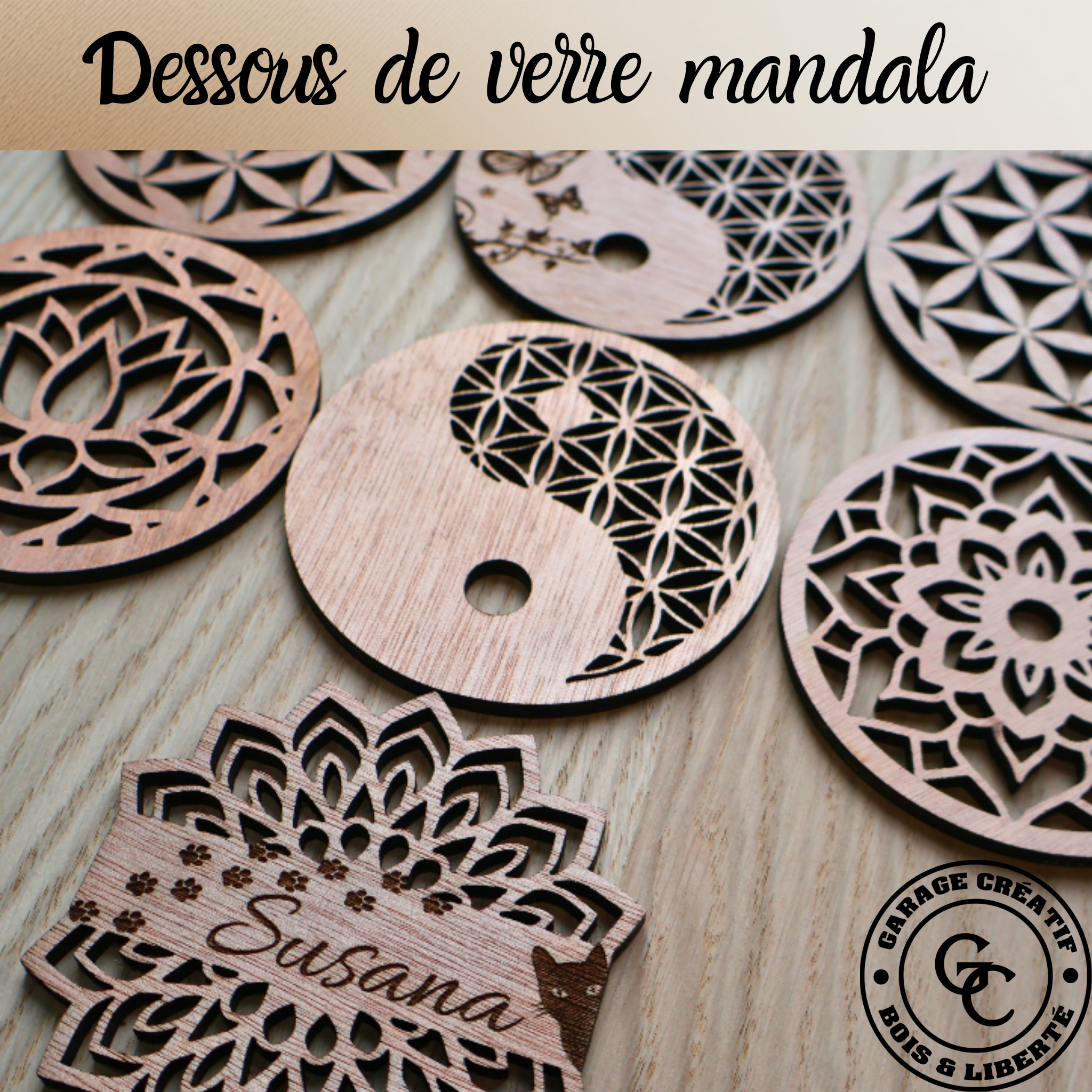 Dessous de verre mandala fleur de vie personnalisé en bois
