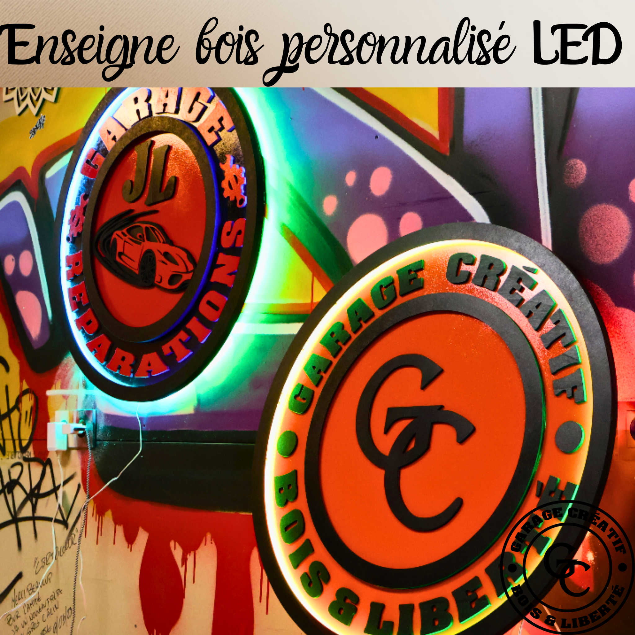 Enseigne en bois personnalisée avec LED, logo d'entreprise artisanal fait main en France pour boutique
