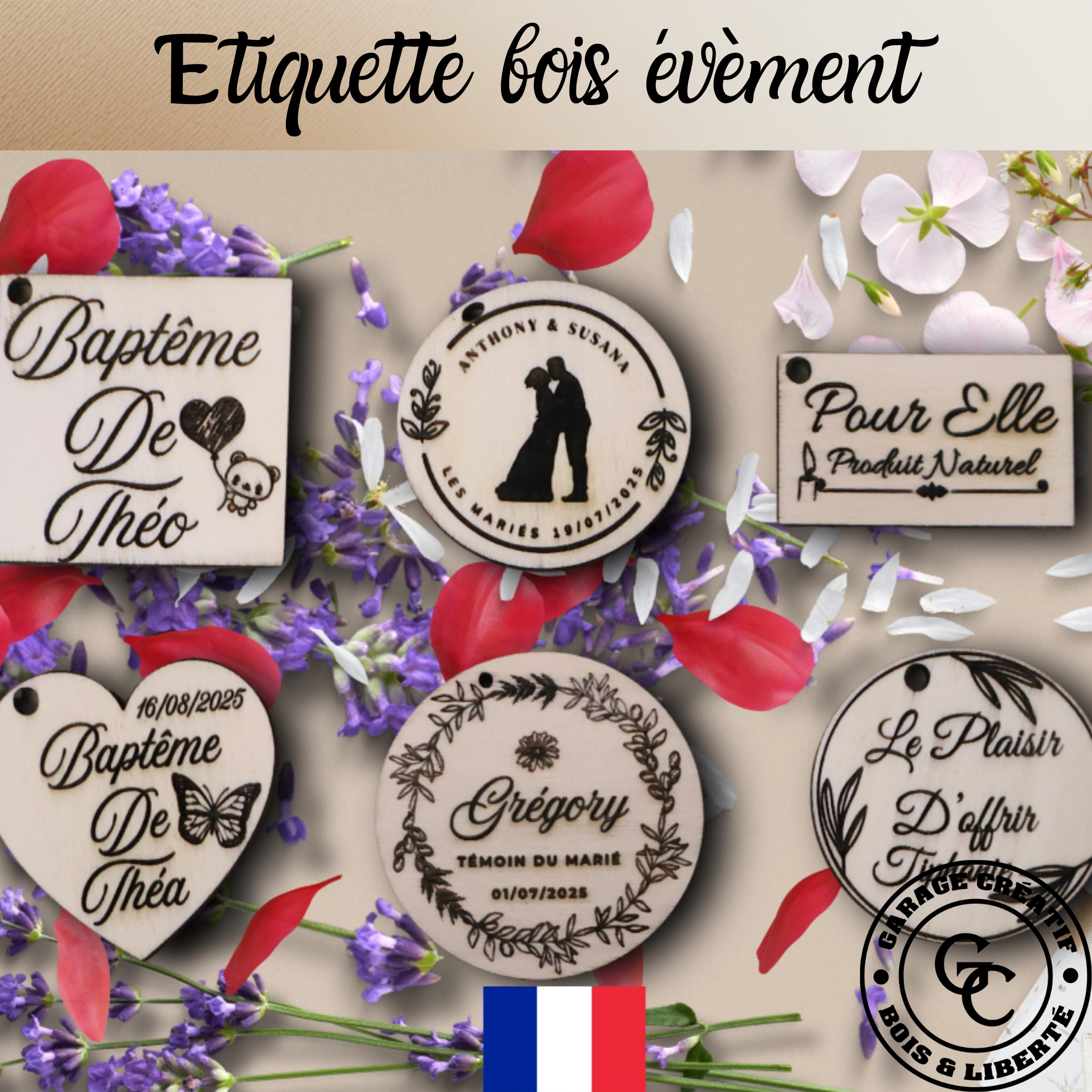 étiquette en bois personnalisée, idéale pour un baptême, un mariage ou toute occasion spéciale. Fabrication artisanal.
