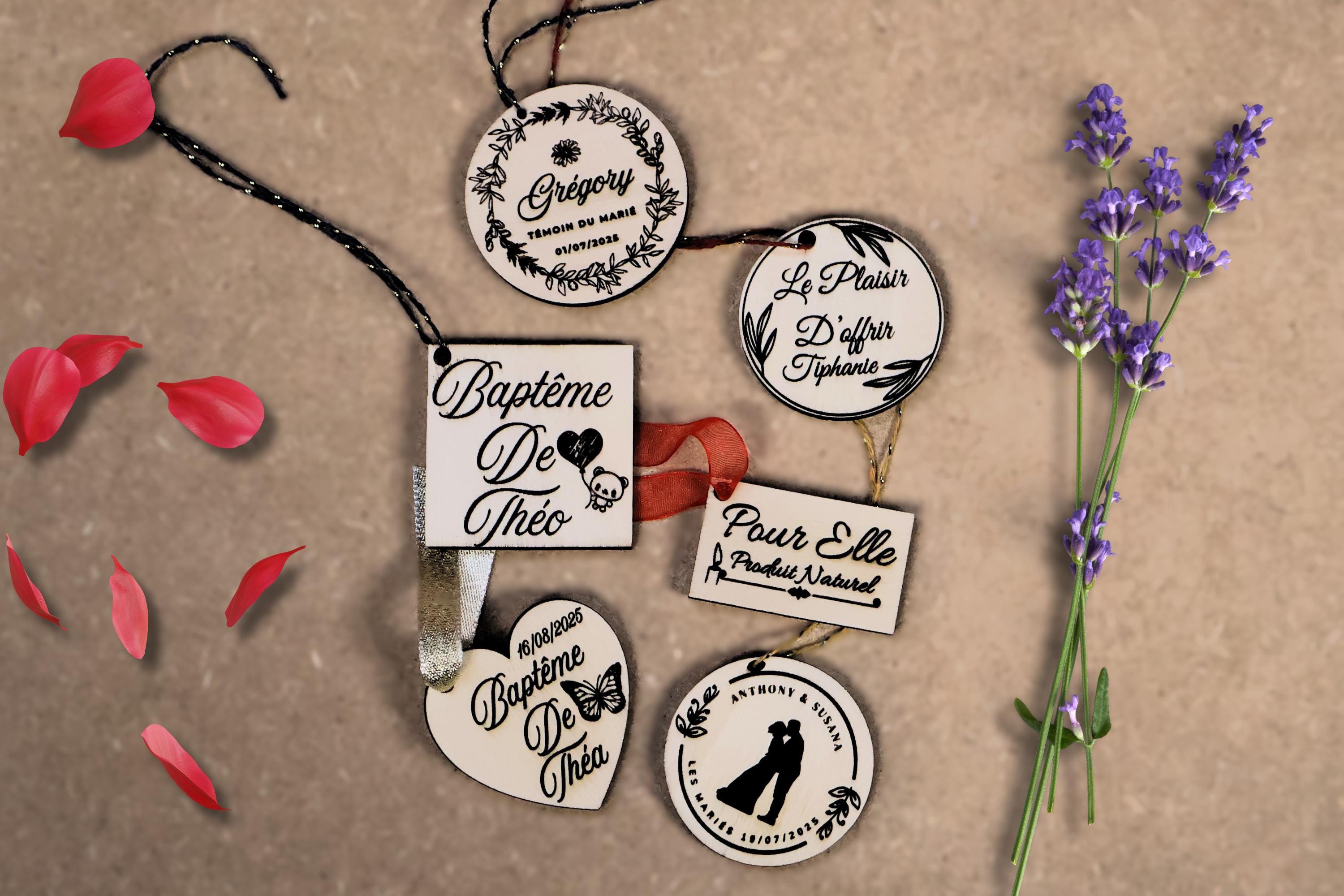 étiquette en bois personnalisée, idéale pour un baptême, un mariage ou toute occasion spéciale. Fabrication artisanal.