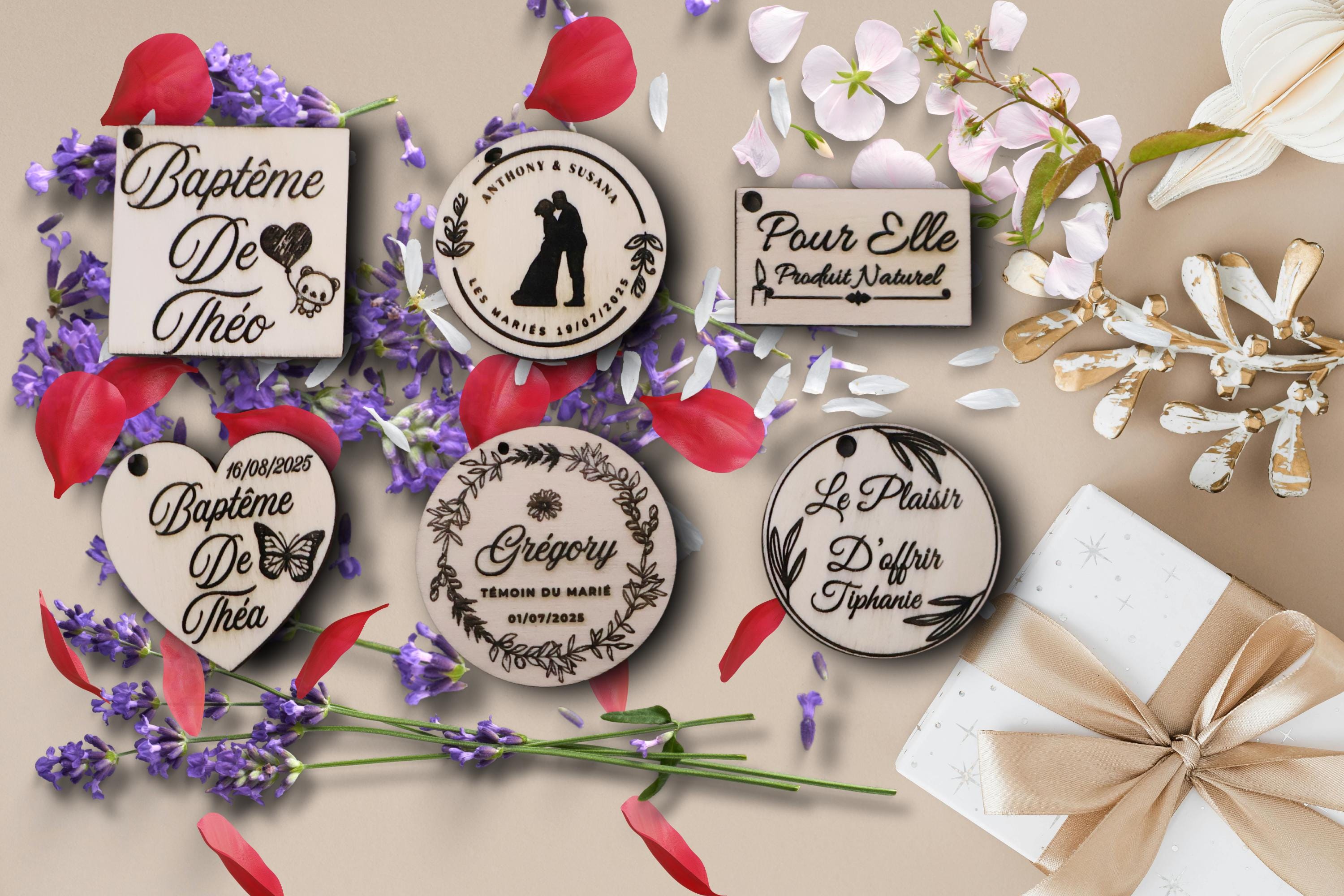 étiquette en bois personnalisée, idéale pour un baptême, un mariage ou toute occasion spéciale. Fabrication artisanal.