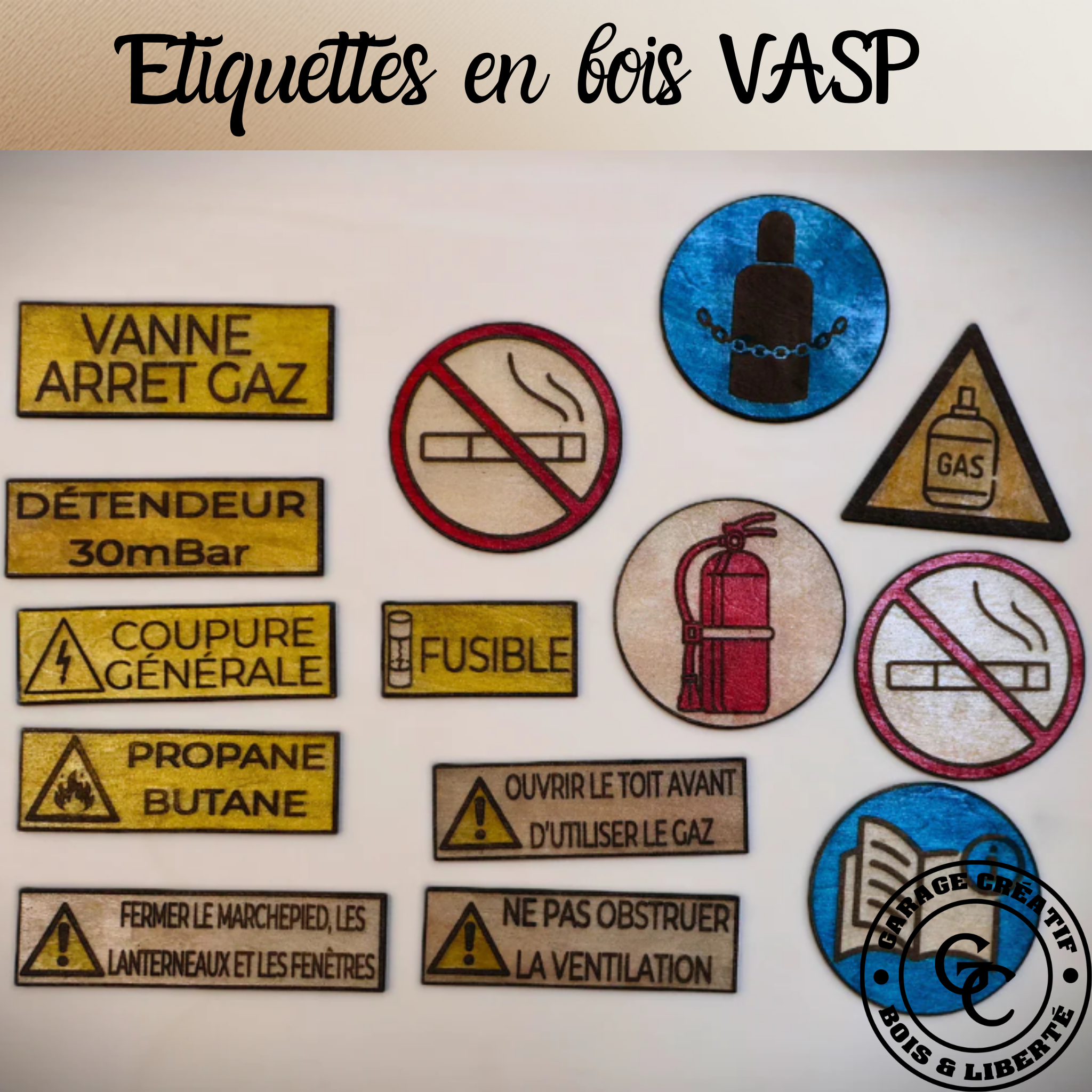 Étiquettes en bois VASP gravées pour van aménagé, conformes à la réglementation, fabrication artisanale française