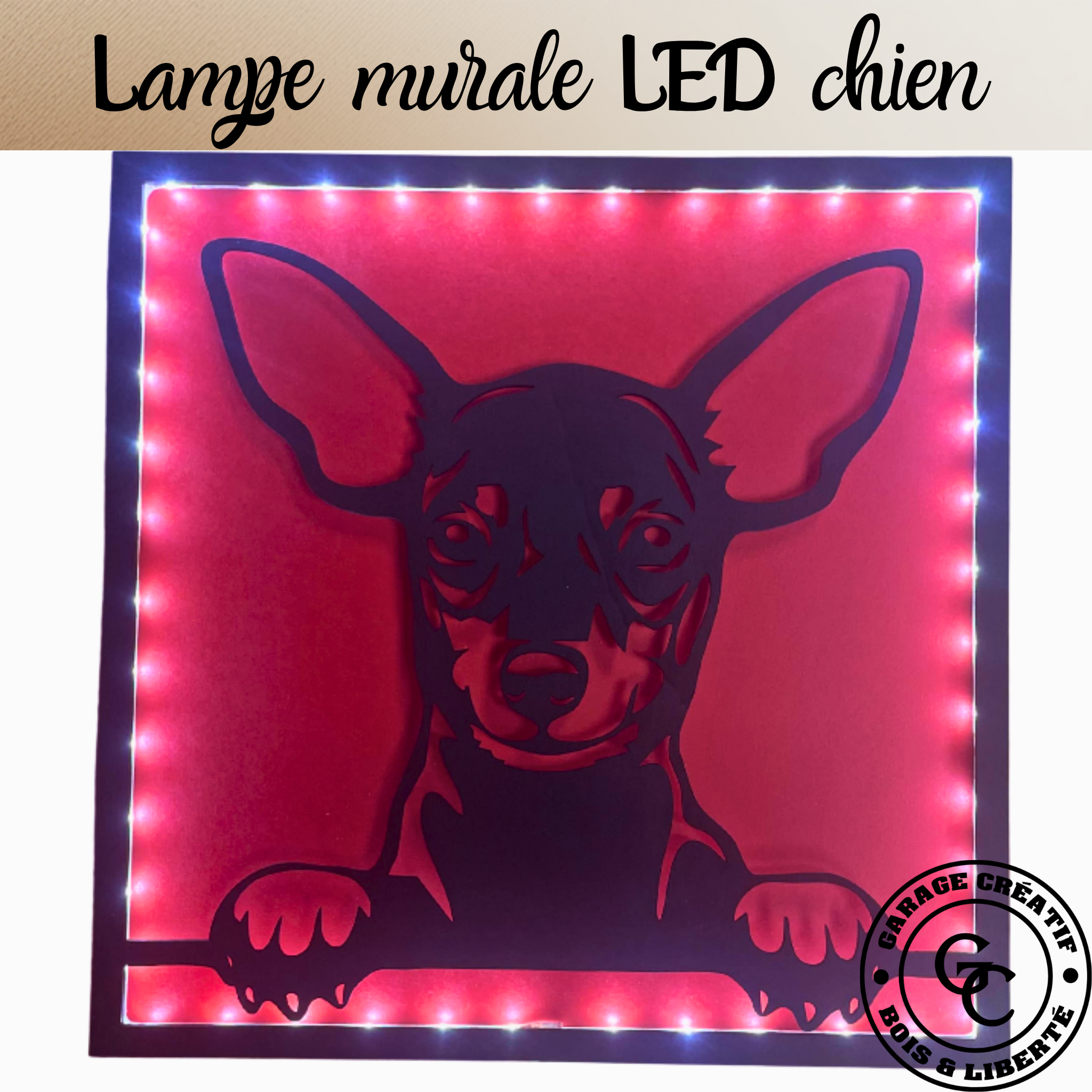  Lampe murale LED chien personnalisée en bois avec rétroéclairage, décoration lumineuse artisanale
