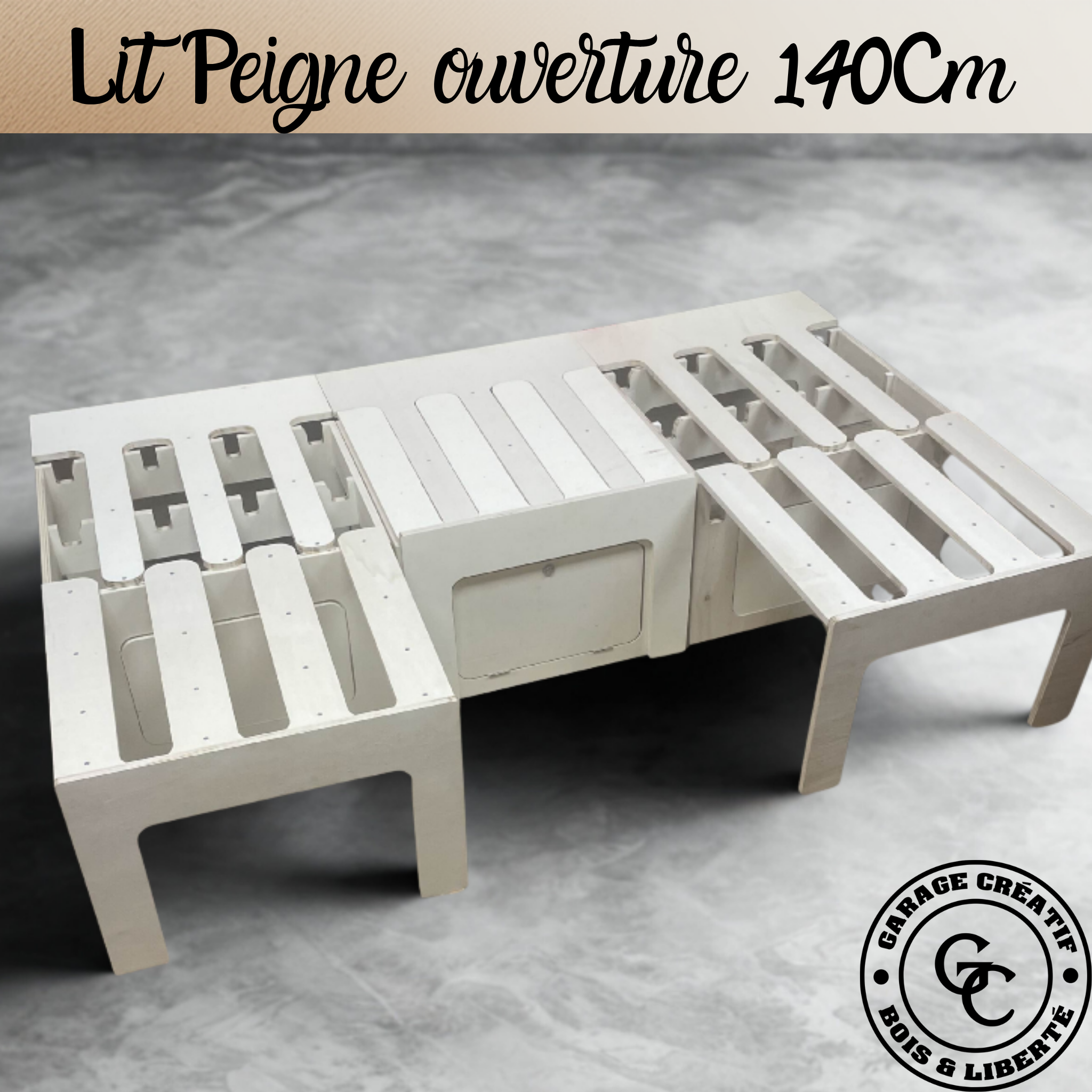 Lit peigne en bois avec tiroir gain de place. Fabrication artisanale