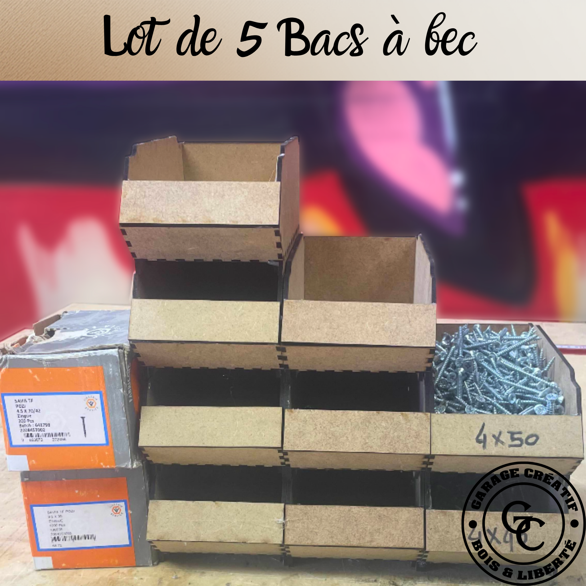 Lot de 5 bacs à bec en bois MDF empilables pour rangement d'atelier, vis et quincaillerie