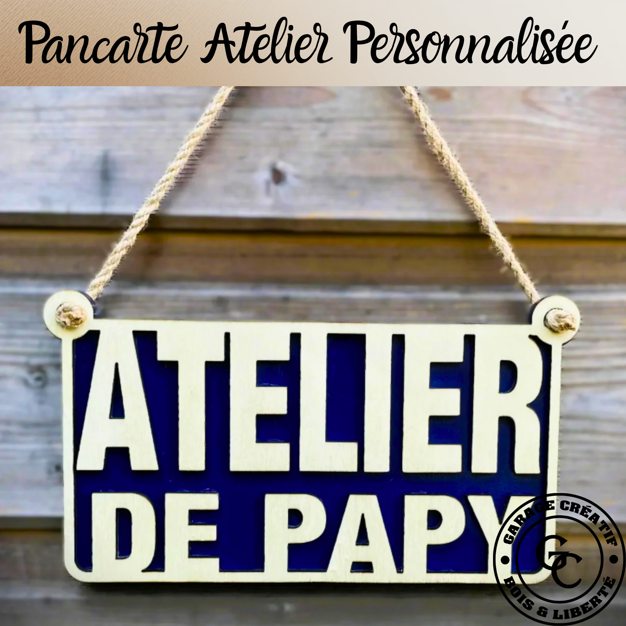Pancarte atelier en bois personnalisée style vintage avec gravure et ficelle
