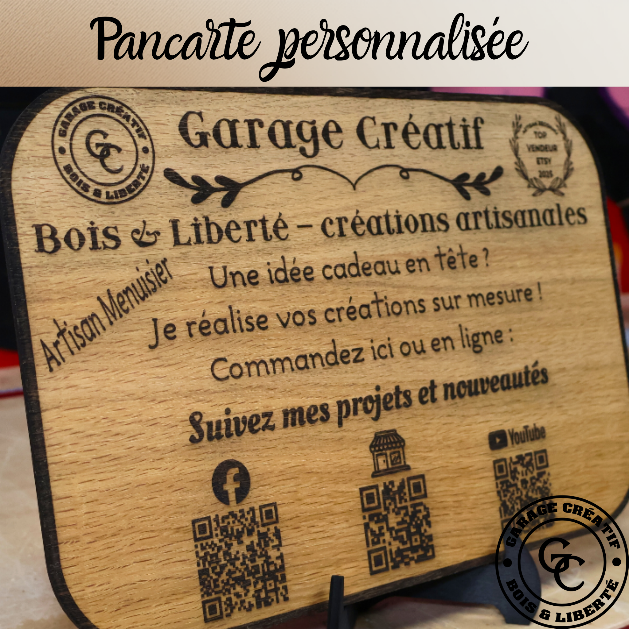 Pancarte artisanale en bois avec QR code et logo personnalisés pour commerçant et exposant
Pancarte artisanale en bois avec QR code et logo personnalisés pour commerçant et exposant
