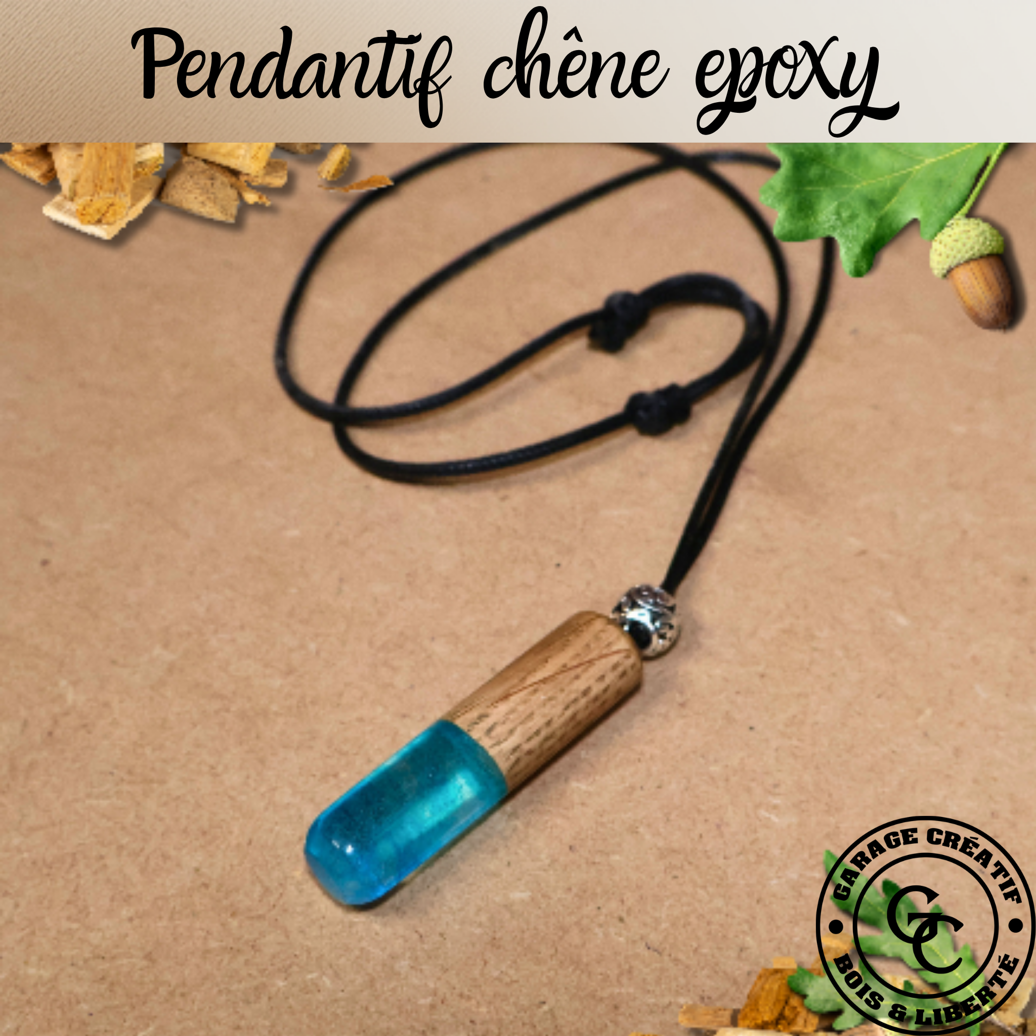  Pendentif artisanal en chêne massif et résine époxy