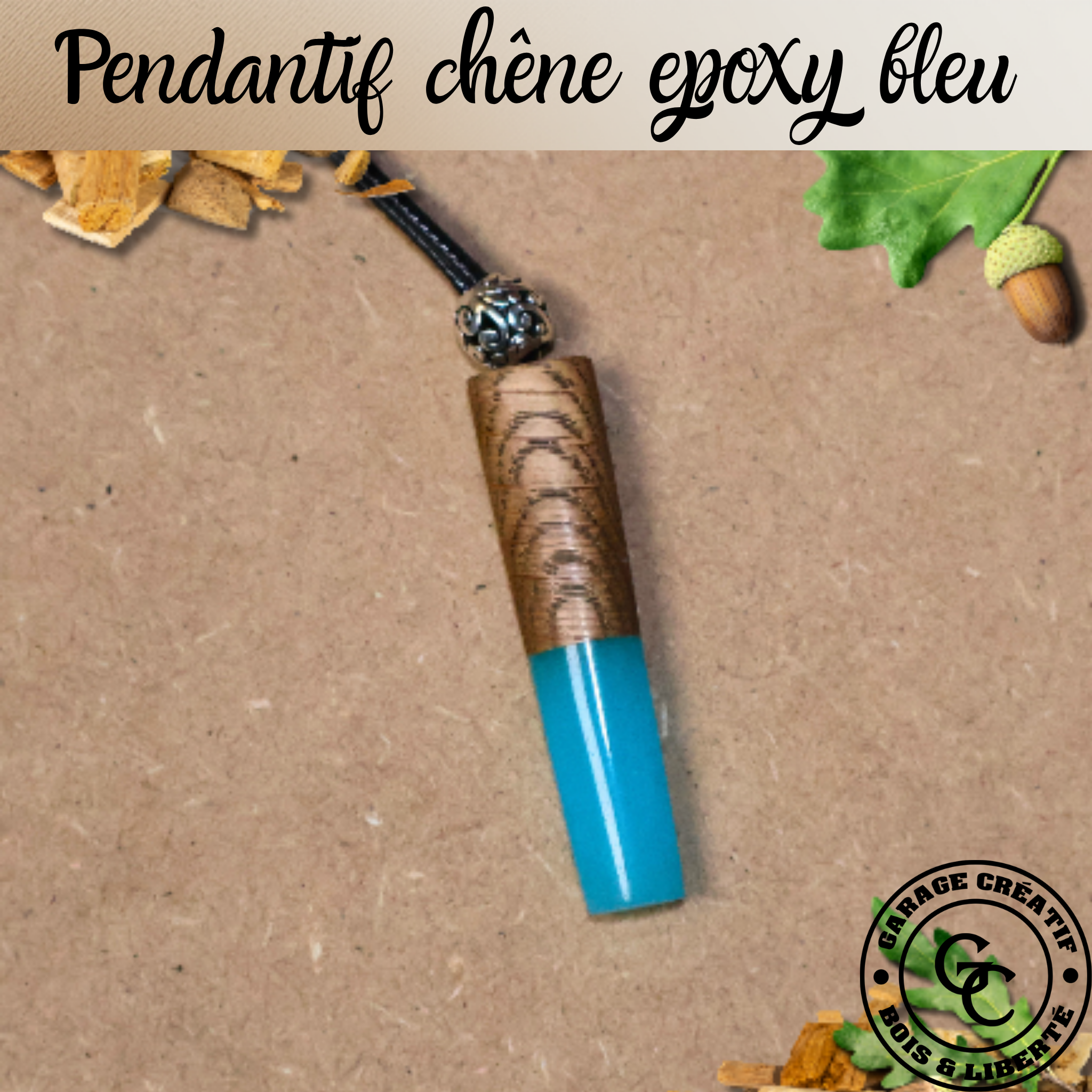 Pendentif artisanal en chêne massif et résine époxy bleue translucide avec cordon noir réglable