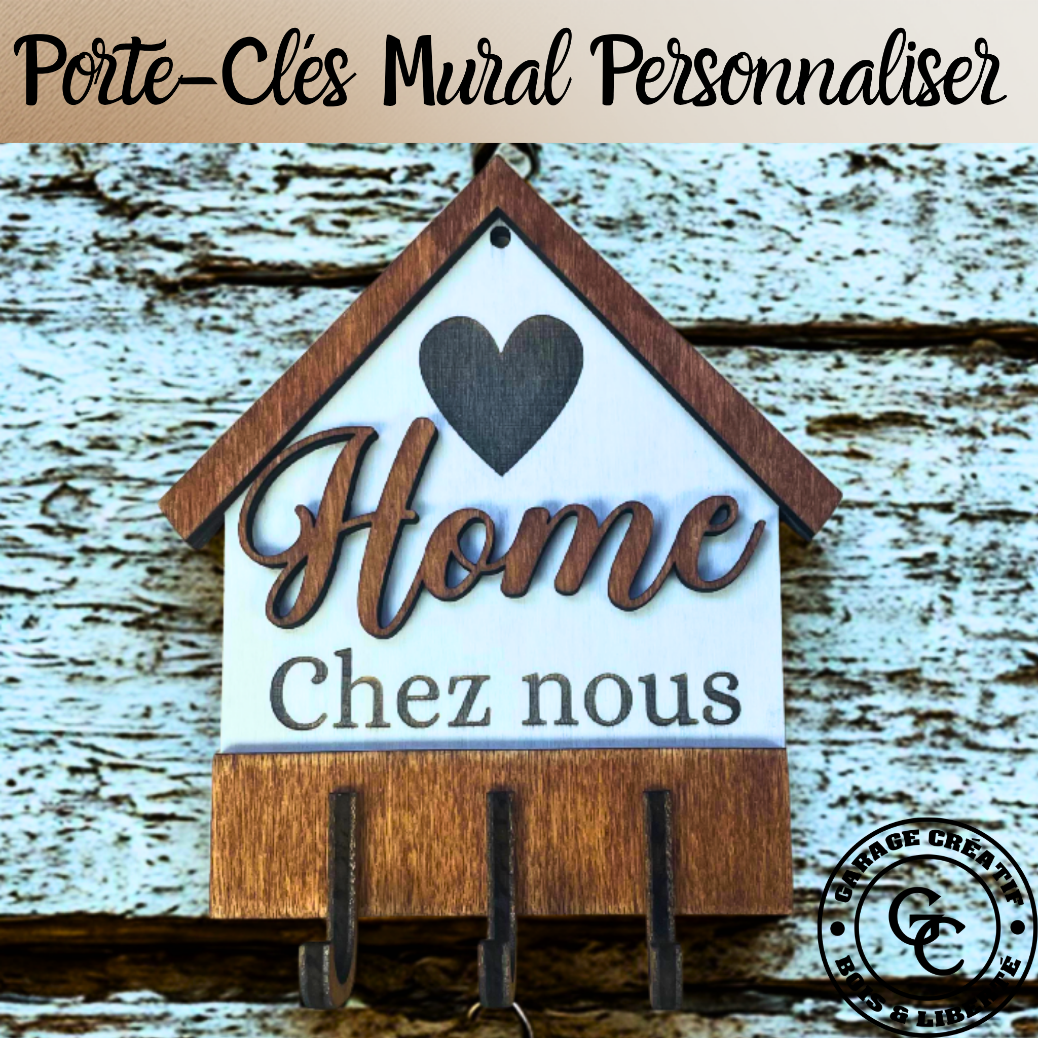 Porte-clés mural personnalisable en bois avec crochets pour entrée
