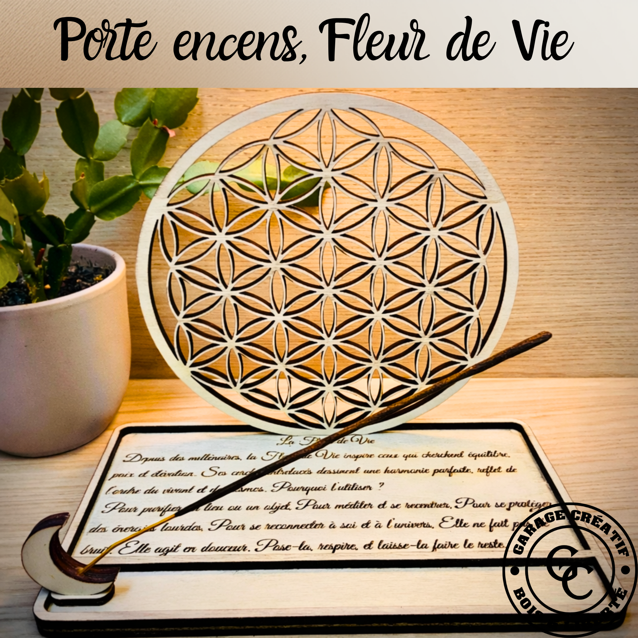 Porte-encens Fleur de Vie personnalisable avec gravure texte sur mesure