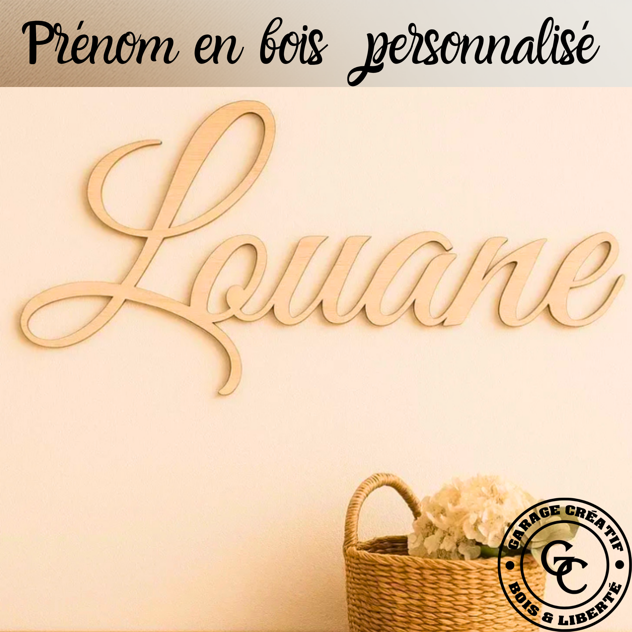 Prénom en bois découpé personnalisé au laser, fabrication artisanale française en peuplier