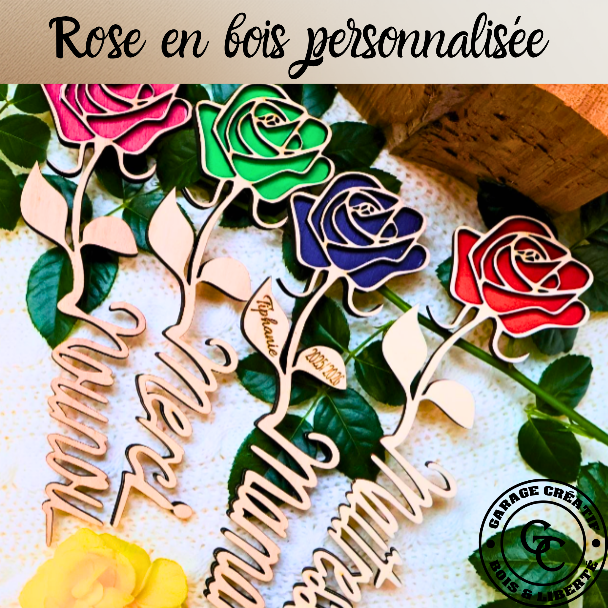 Idée cadeaux en bois personnalisé rose en bois fait a la main artisanat français