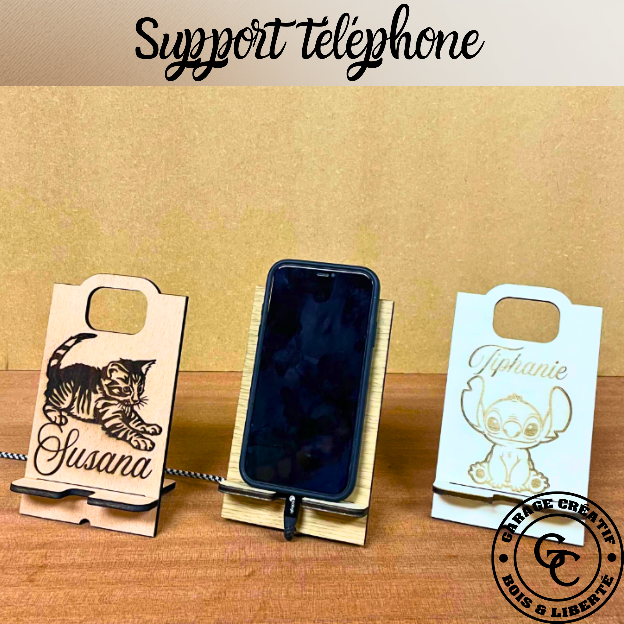 Support téléphone mural en bois de chêne avec passage câble