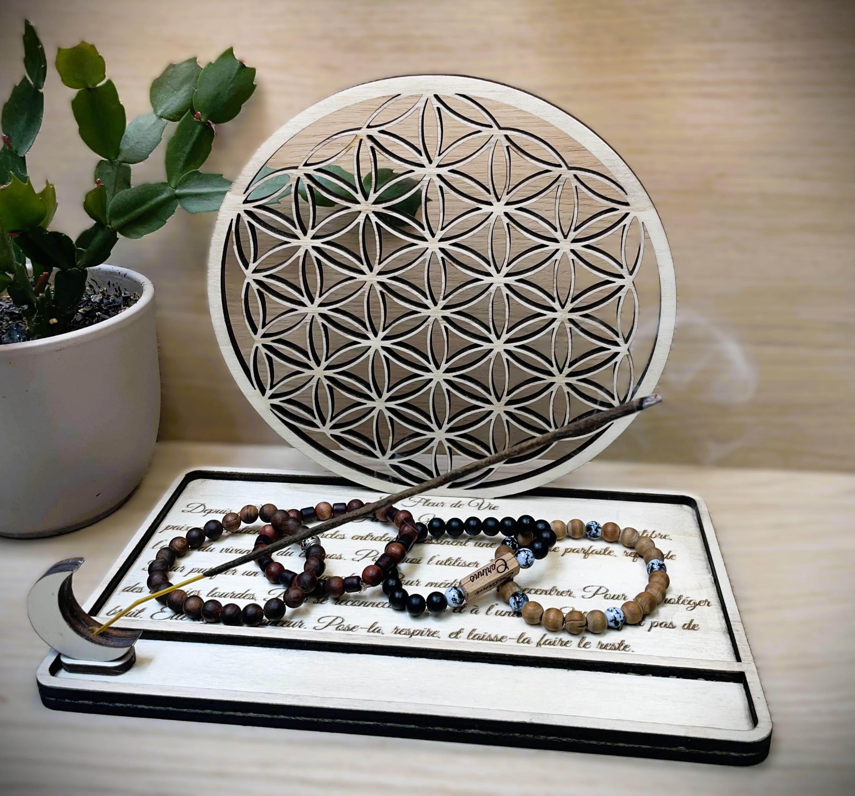 Porte encens, Fleur de Vie en bois, Support avec lune, gravure bien-être, Purification, énergie, spiritualité Fait main
