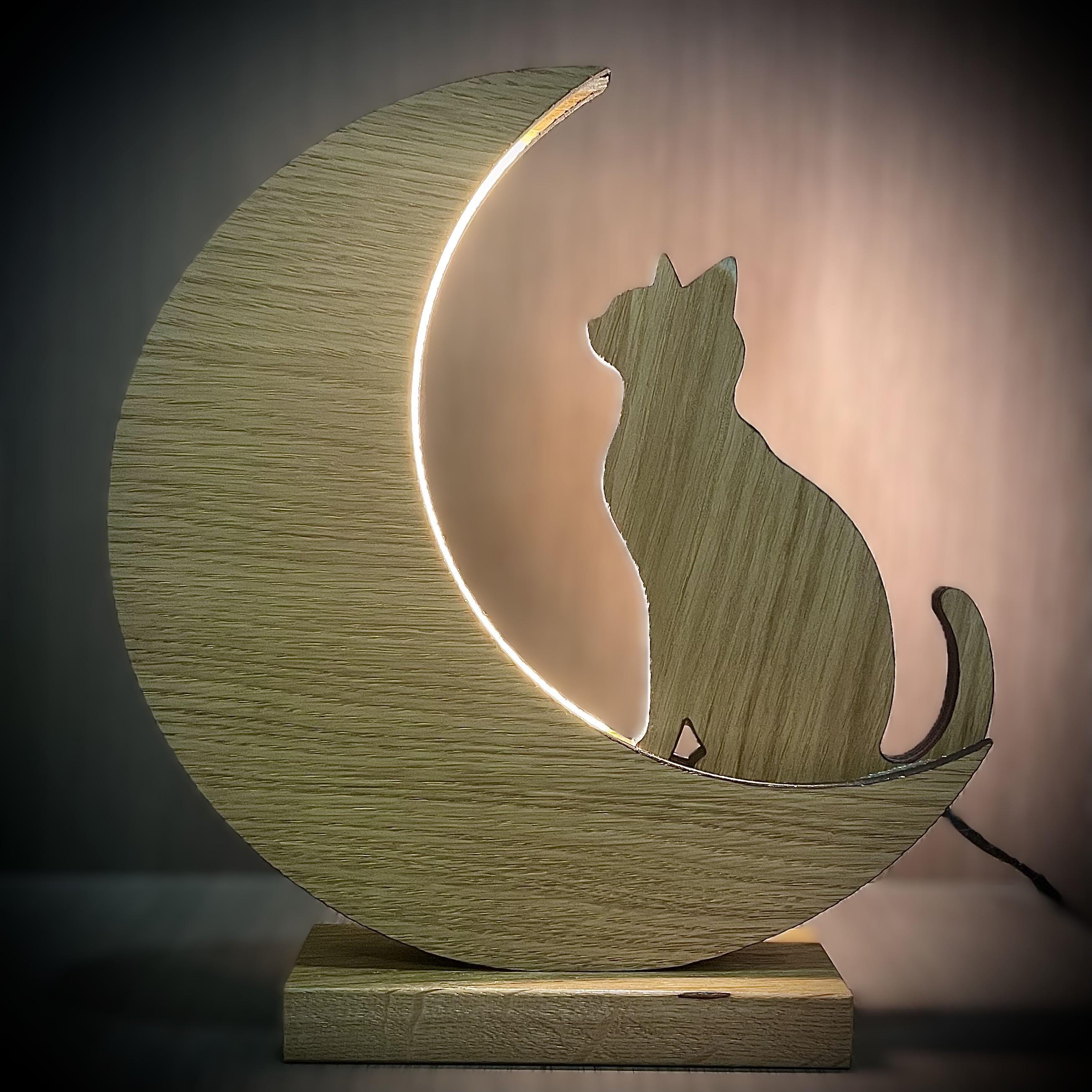 Lampe lune avec chat, LED intégrée, veilleuse bois artisanale déco chambre
