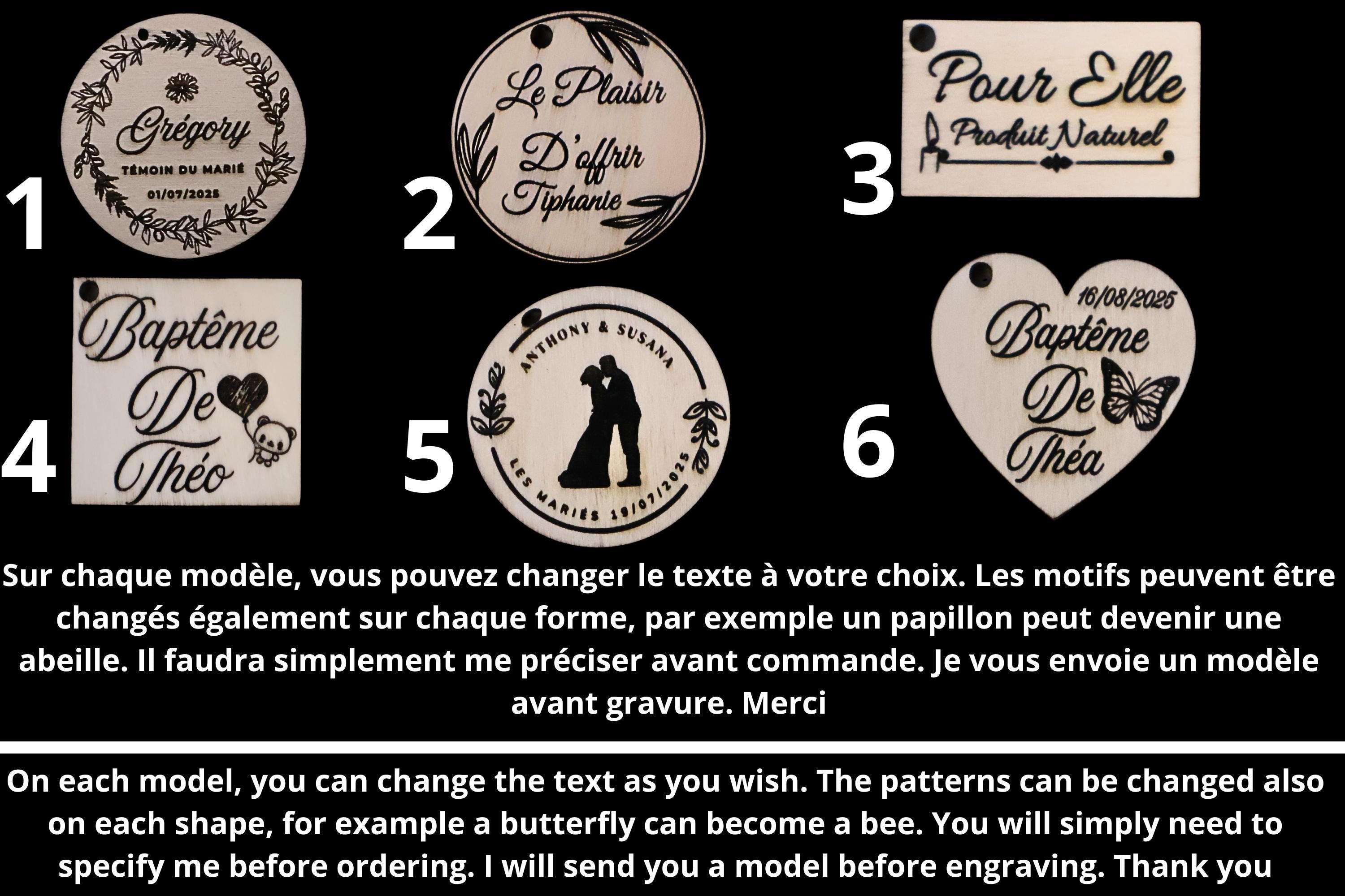Étiquette bois personnalisée, Gravure sur contreplaqué, Baptême, mariage ou cadeau, Fait en France