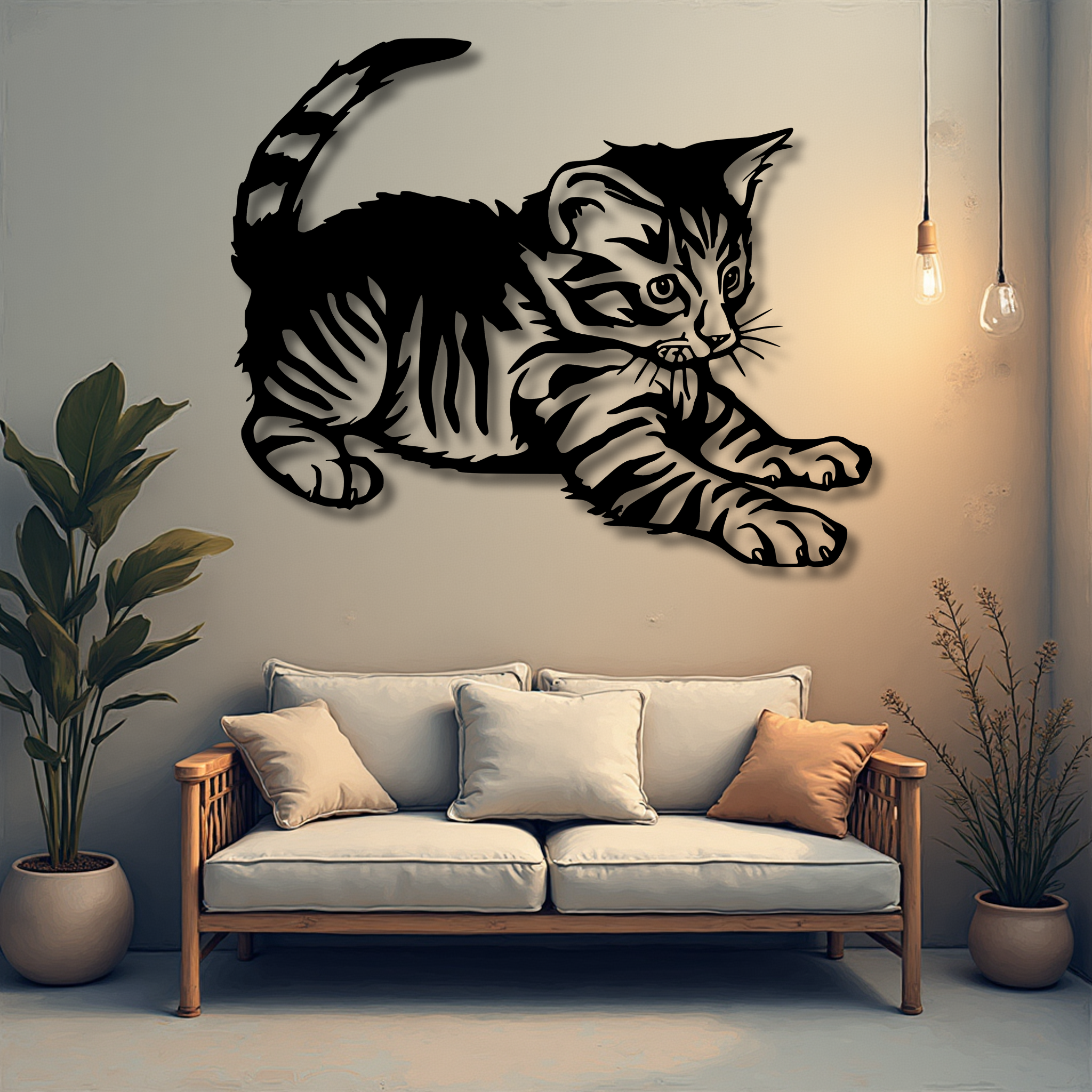 Chaton décoratif en bois peint noir - silhouette minimaliste découpée au laser