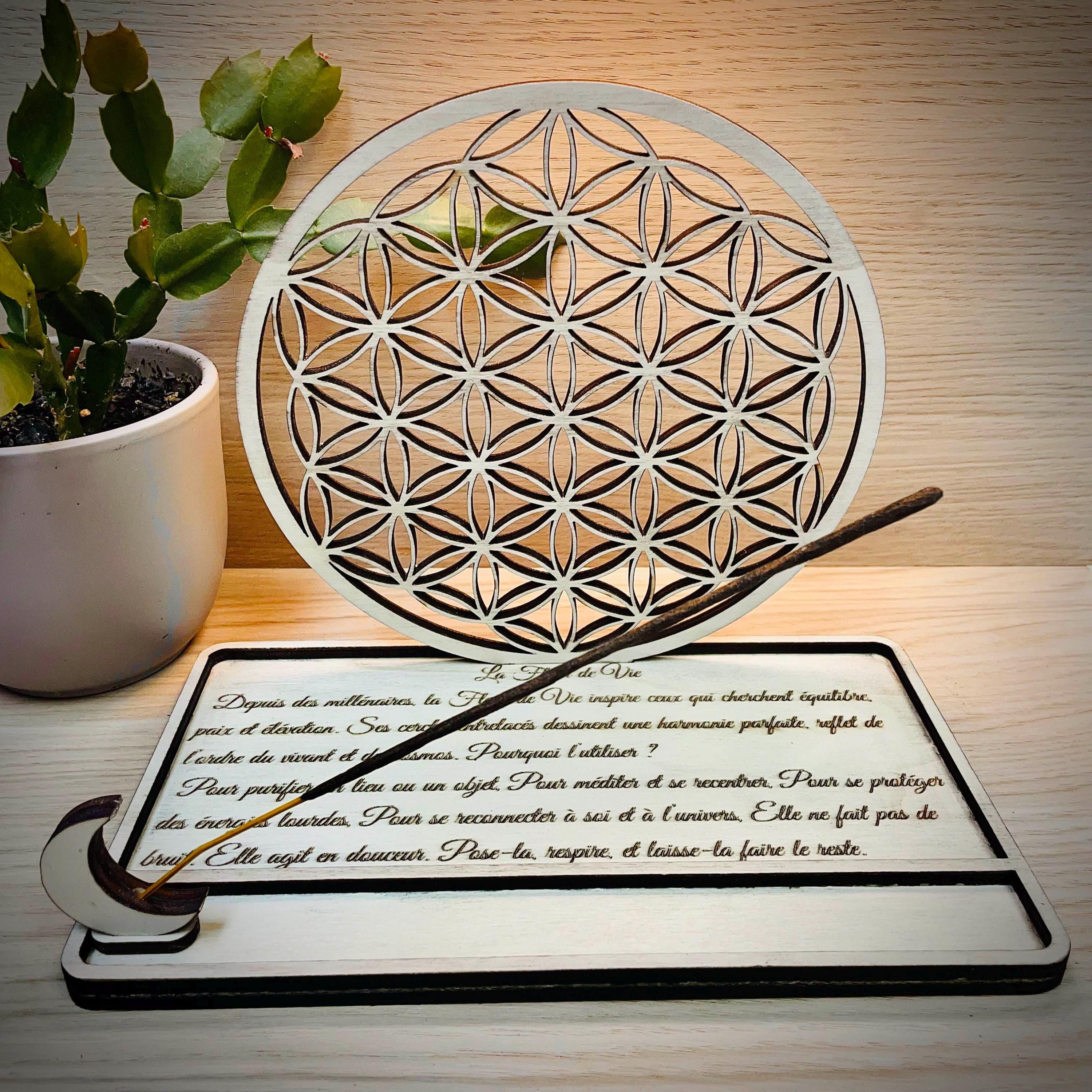 Porte encens, Fleur de Vie en bois, Support avec lune, gravure bien-être, Purification, énergie, spiritualité Fait main