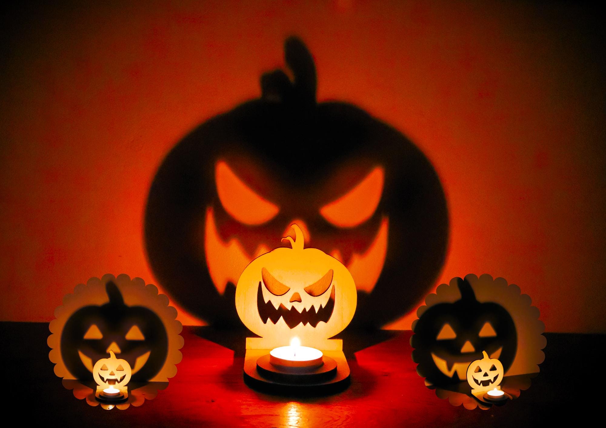 Décoration Halloween en bois Support Bougie Citrouille Ombre Magique Déco Fête & Cadeau