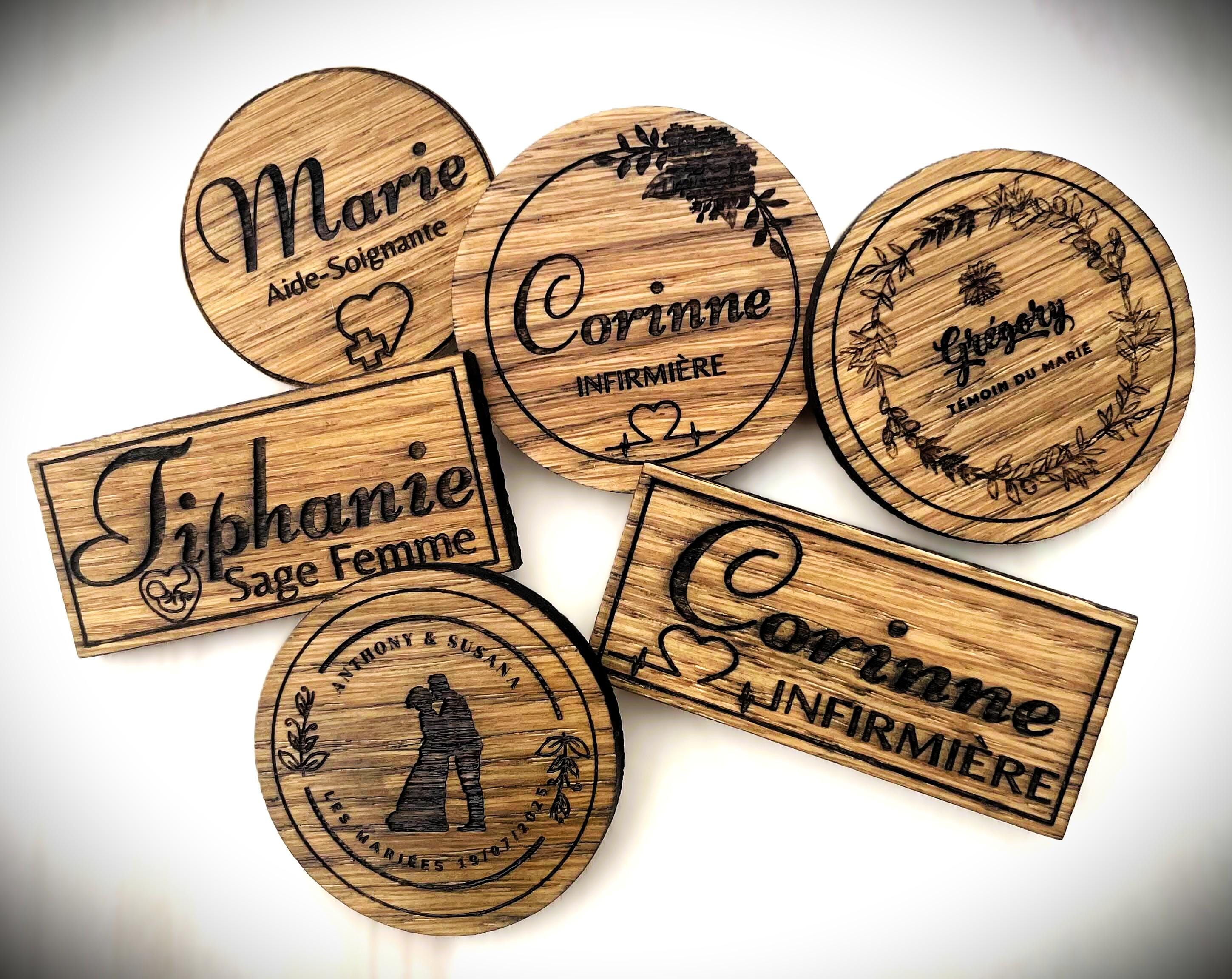 Badge en bois chêne, peuplier magnétique Personnalisable nom, fonction, événement Magnet déco cadeau