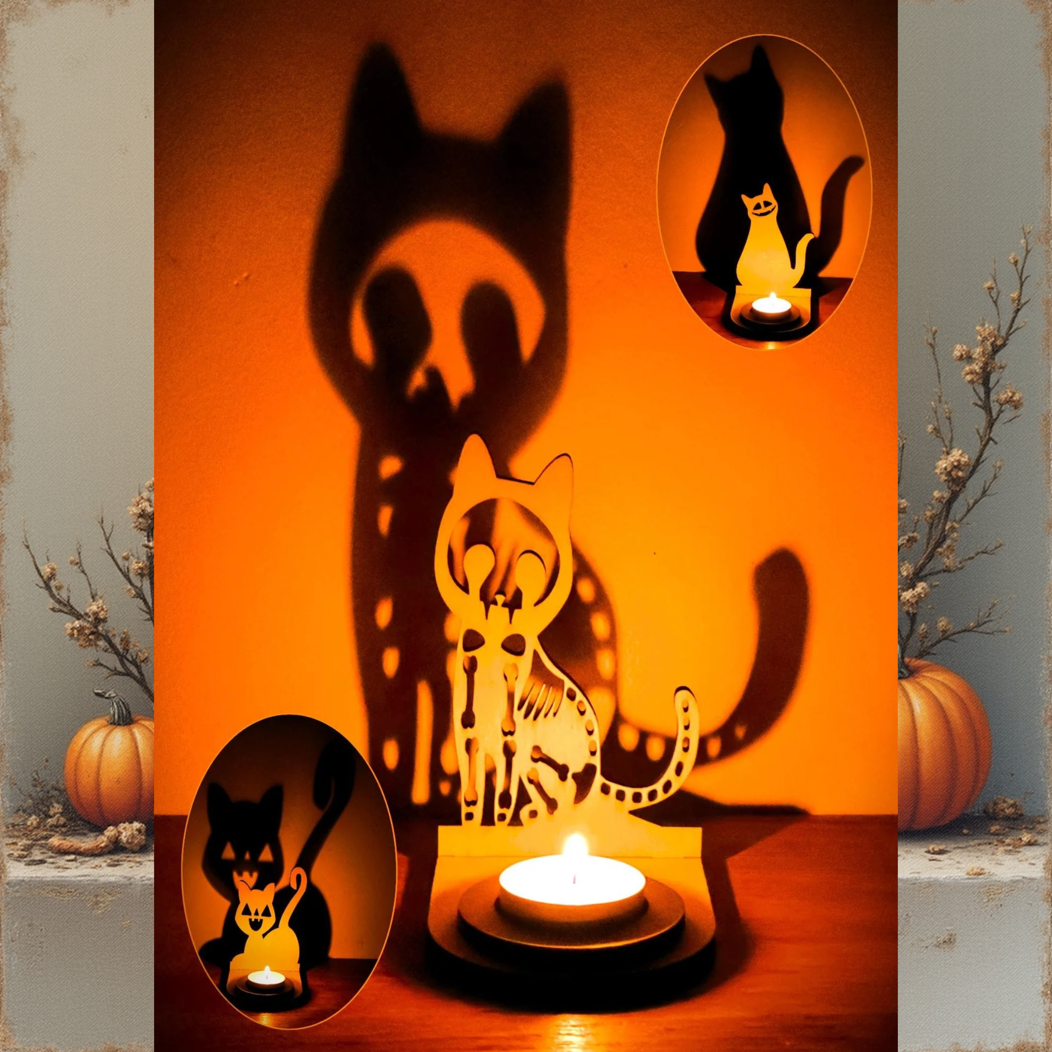 Décoration support bougie chat halloween. Fabrication en bois artisanal