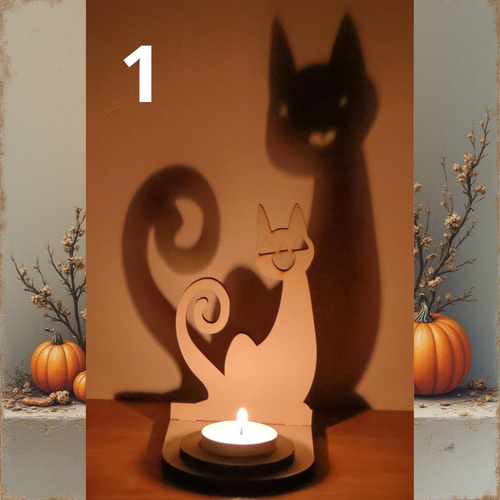 Décoration support bougie chat halloween. Fabrication en bois artisanal
