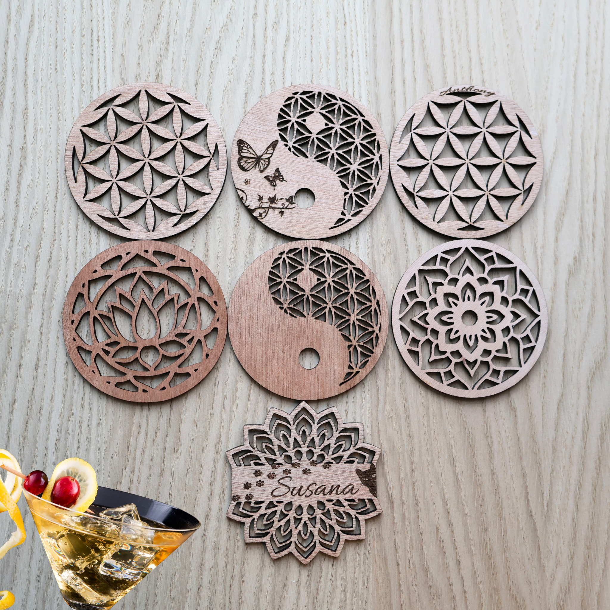 Dessous de verre mandala fleur de vie personnalisé en bois
