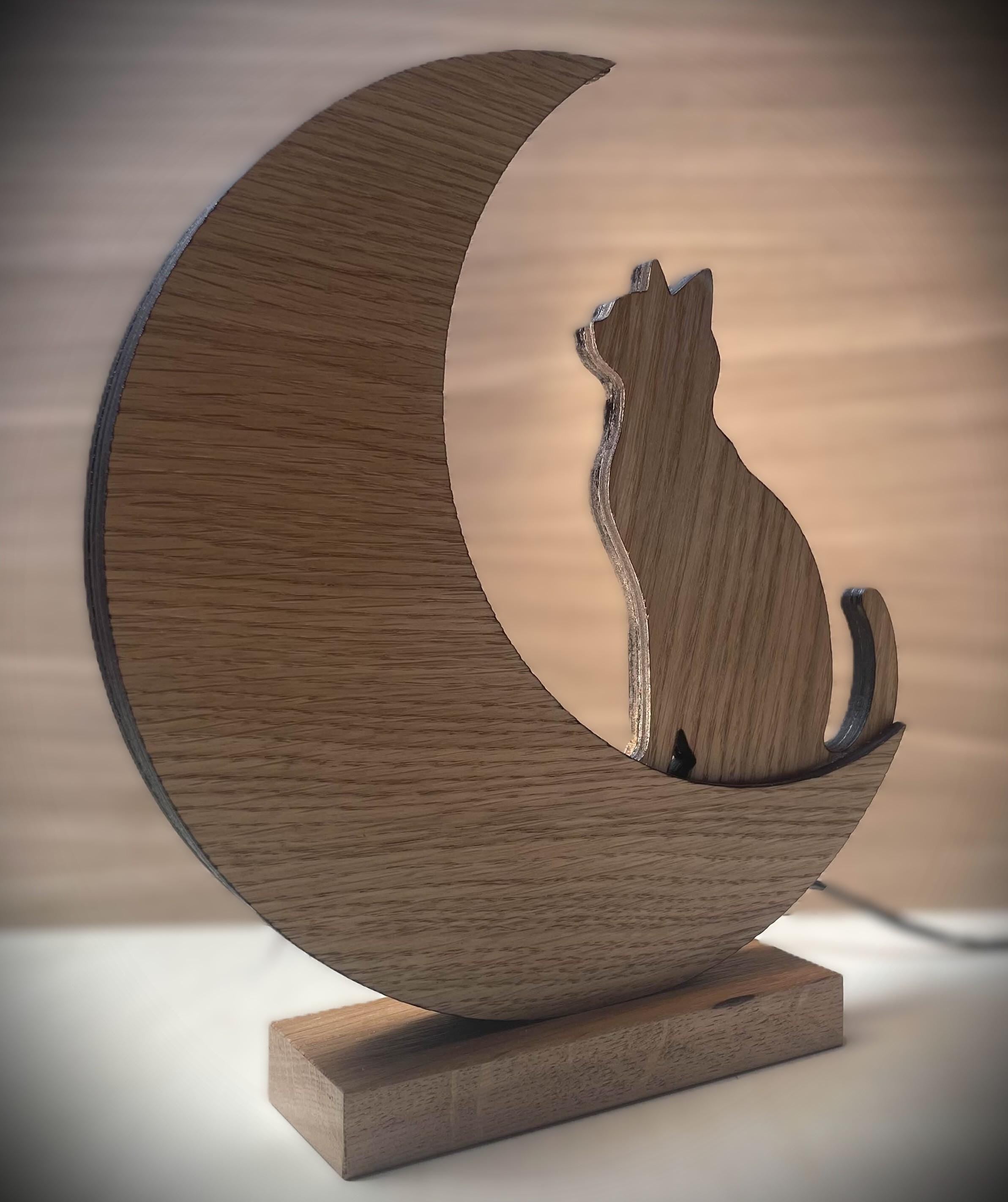 Lampe lune avec chat, LED intégrée, veilleuse bois artisanale déco chambre