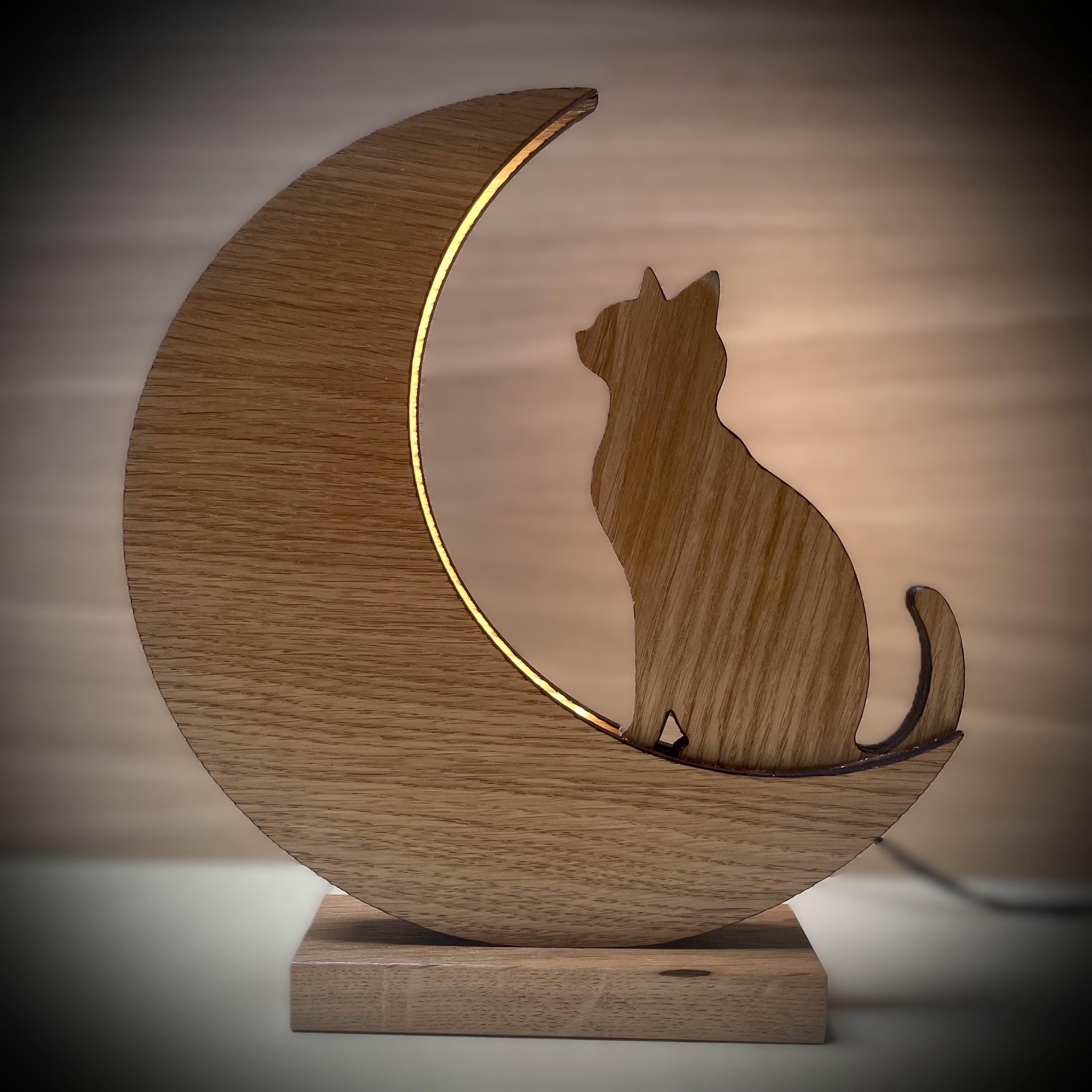 Lampe lune avec chat, LED intégrée, veilleuse bois artisanale déco chambre