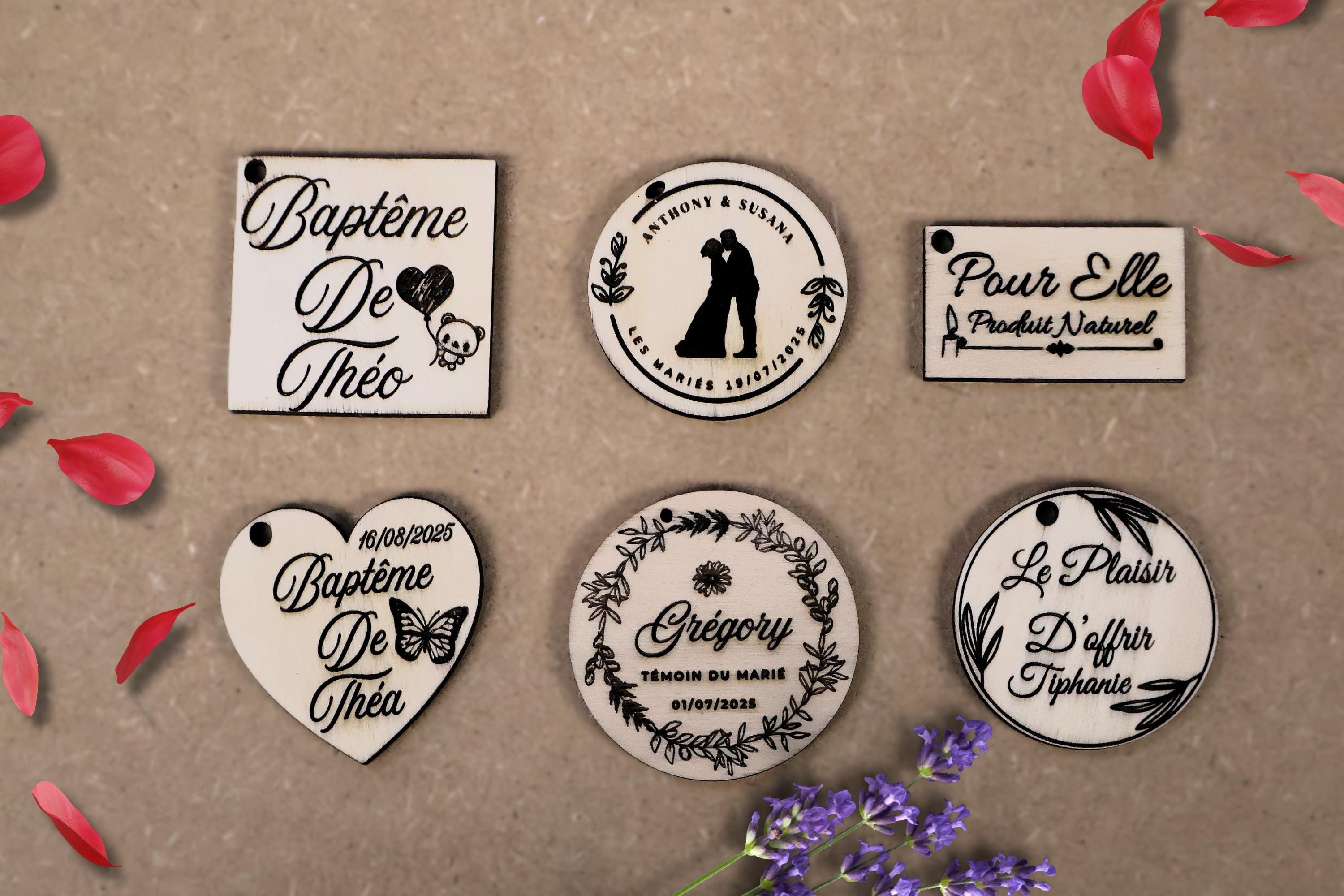 Étiquette bois personnalisée, Gravure sur contreplaqué, Baptême, mariage ou cadeau, Fait en France