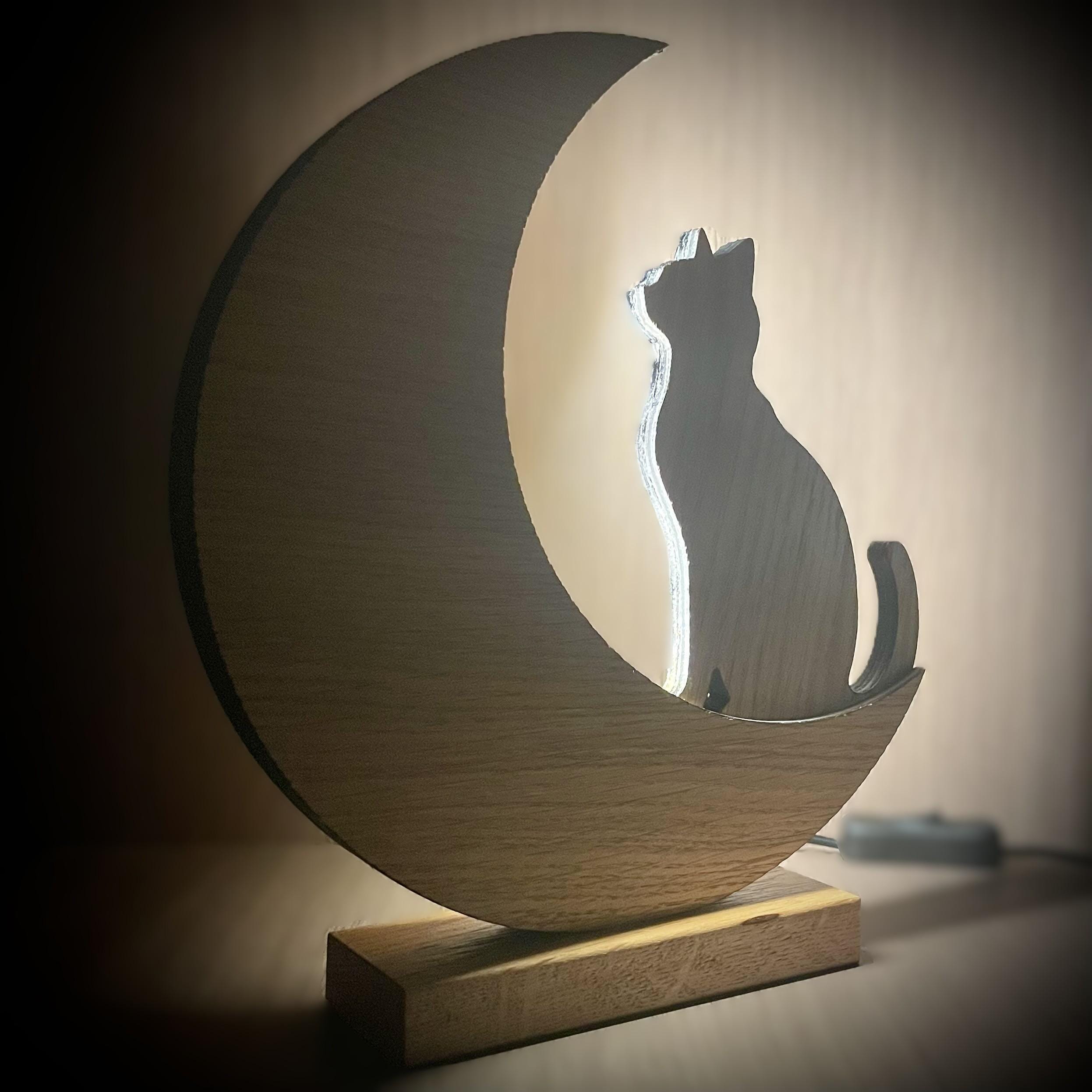 Lampe lune avec chat, LED intégrée, veilleuse bois artisanale déco chambre